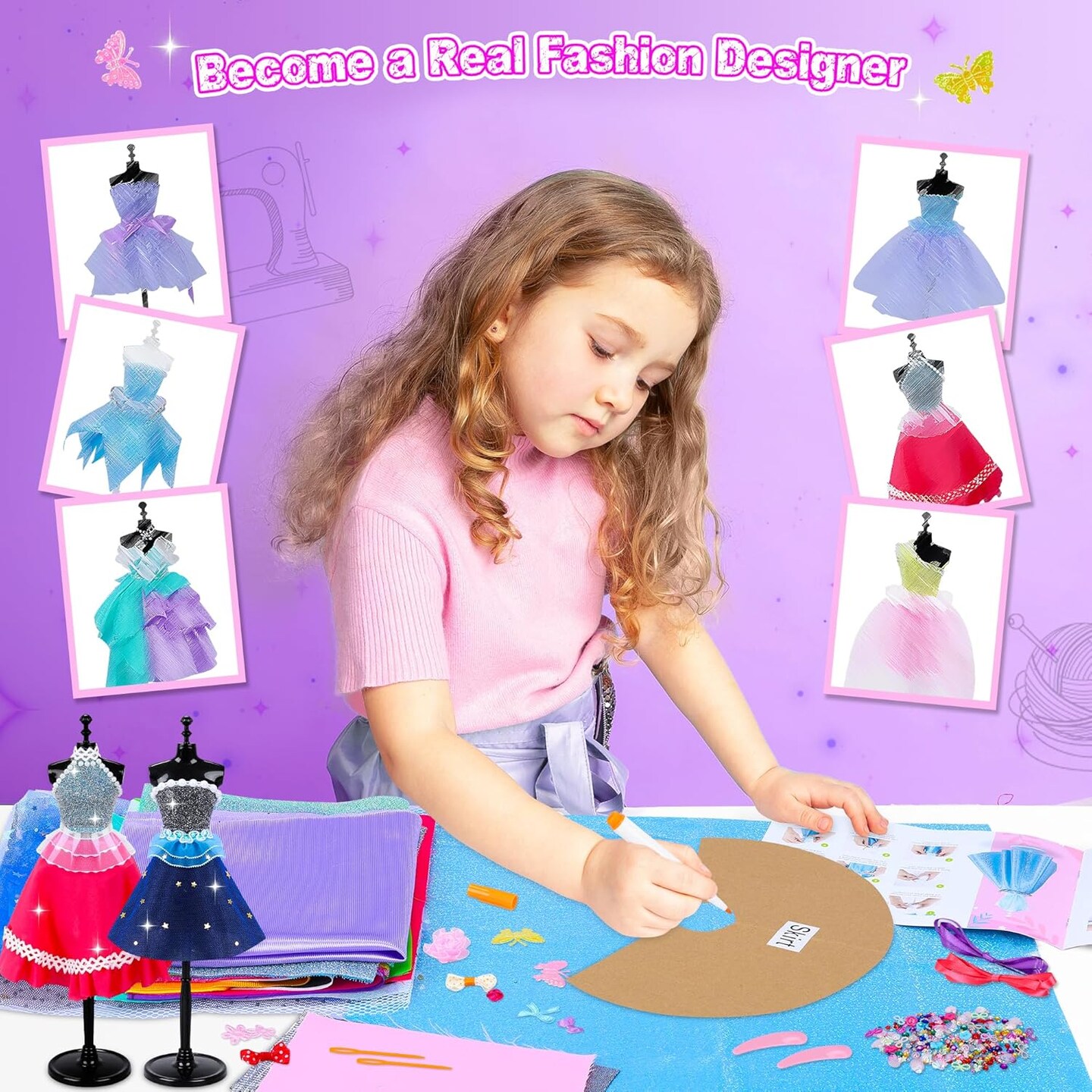 800+Pcs Fashion Designer Kit for Girls, Sewing Kit with 4 Mannequins, DIY Arts and Crafts Kit for Kids, Doll Clothes Making Kit, Girl Toys for Age 6 7 8 9 10 11 12 Year Old Gifts