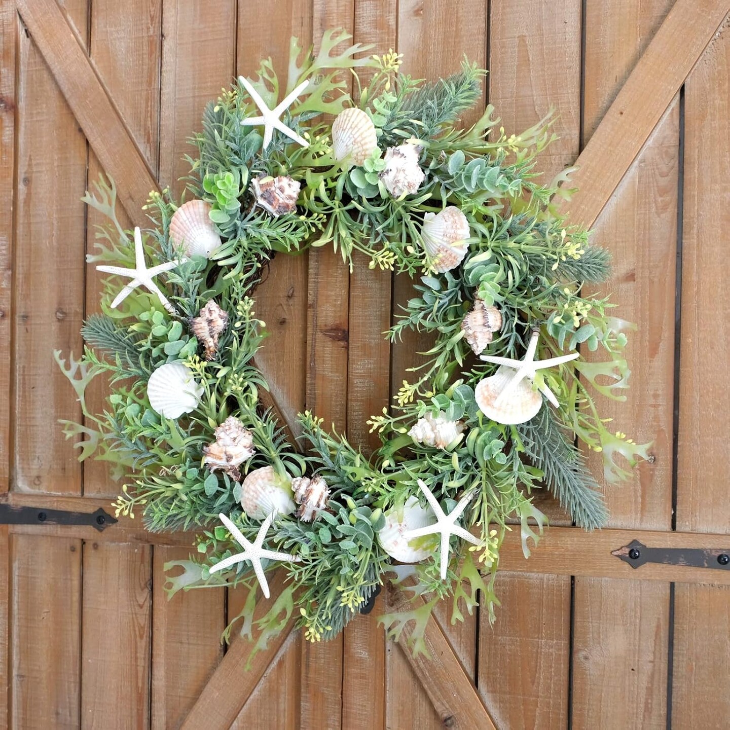 18 Inch Seashell Wreath with Green Leaves &#x2013; Rustic Farmhouse Coastal Wreath with Starfish and Conch Shells for Front Door, Wedding, and Summer Home Decor