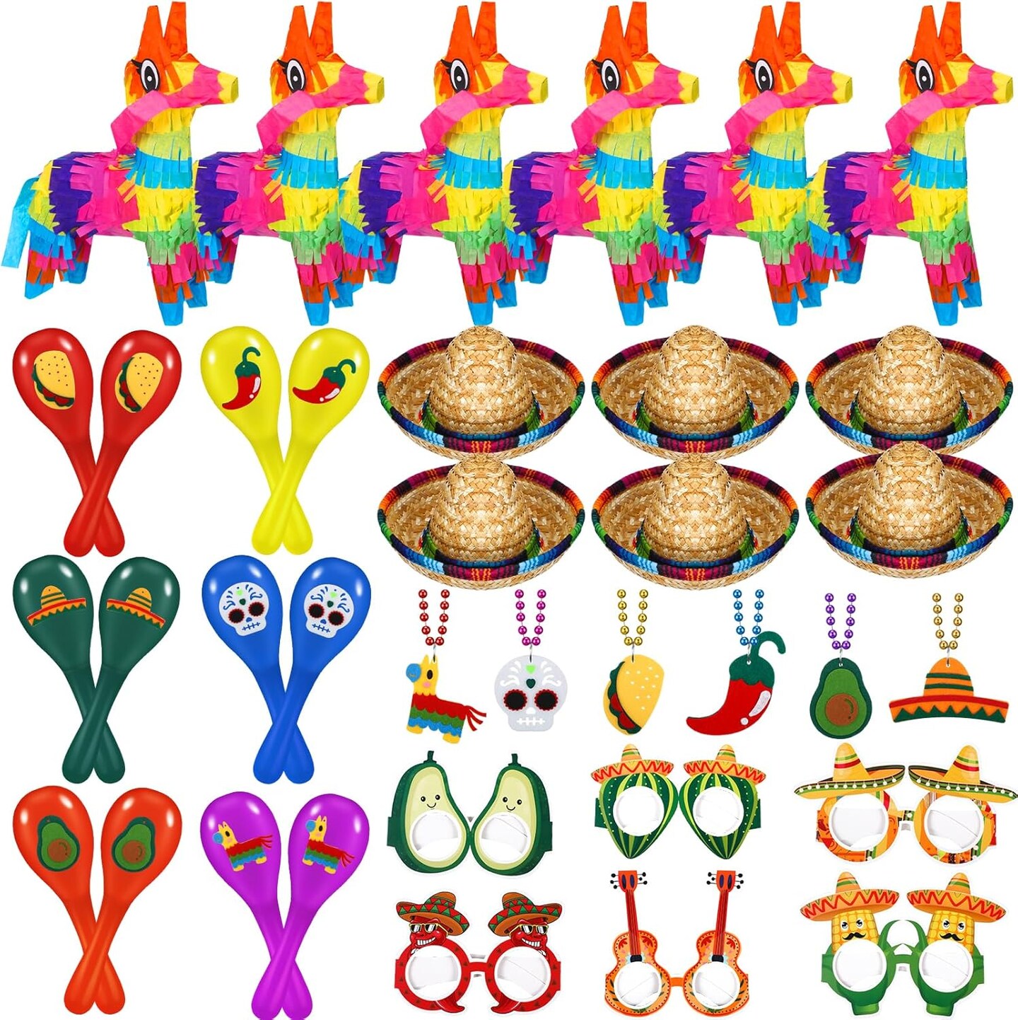 36 Pieces Mexican Fiesta Party Decorations 7.5x4.3 Inch Mini Donkey Pi&#xF1;ata Mini Mexico Sombrero Hats Wooden Maracas Necklaces Eyeglasses for Cinco De Mayo Dia De Los Muertos Costume