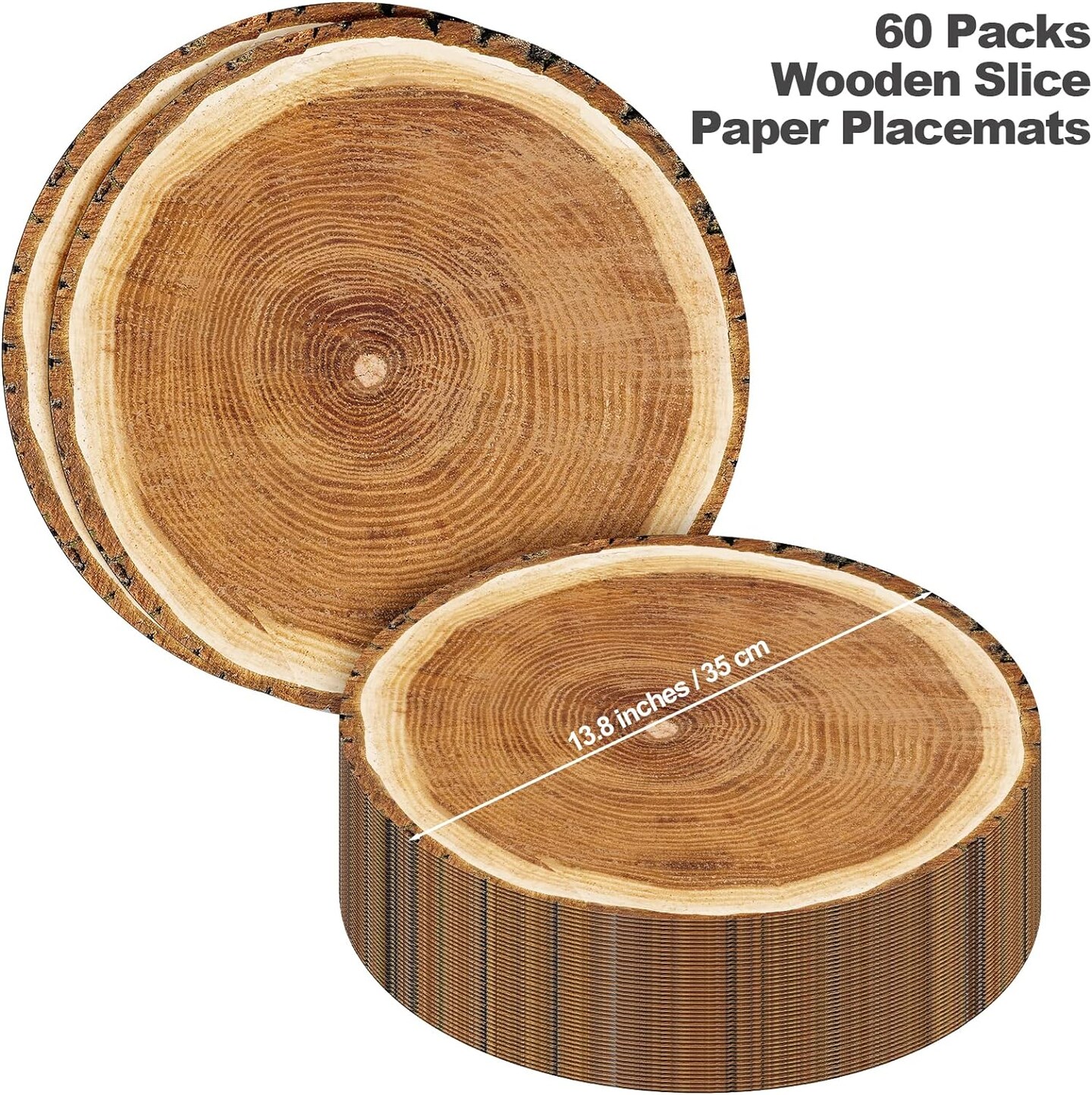 60 Pack 13.8 Inches Wooden Slice Paper Placemats Disposable Rustic Wood Grain Round Table Mats for Vintage Country Wedding Birthday Party Table Setting Decorations