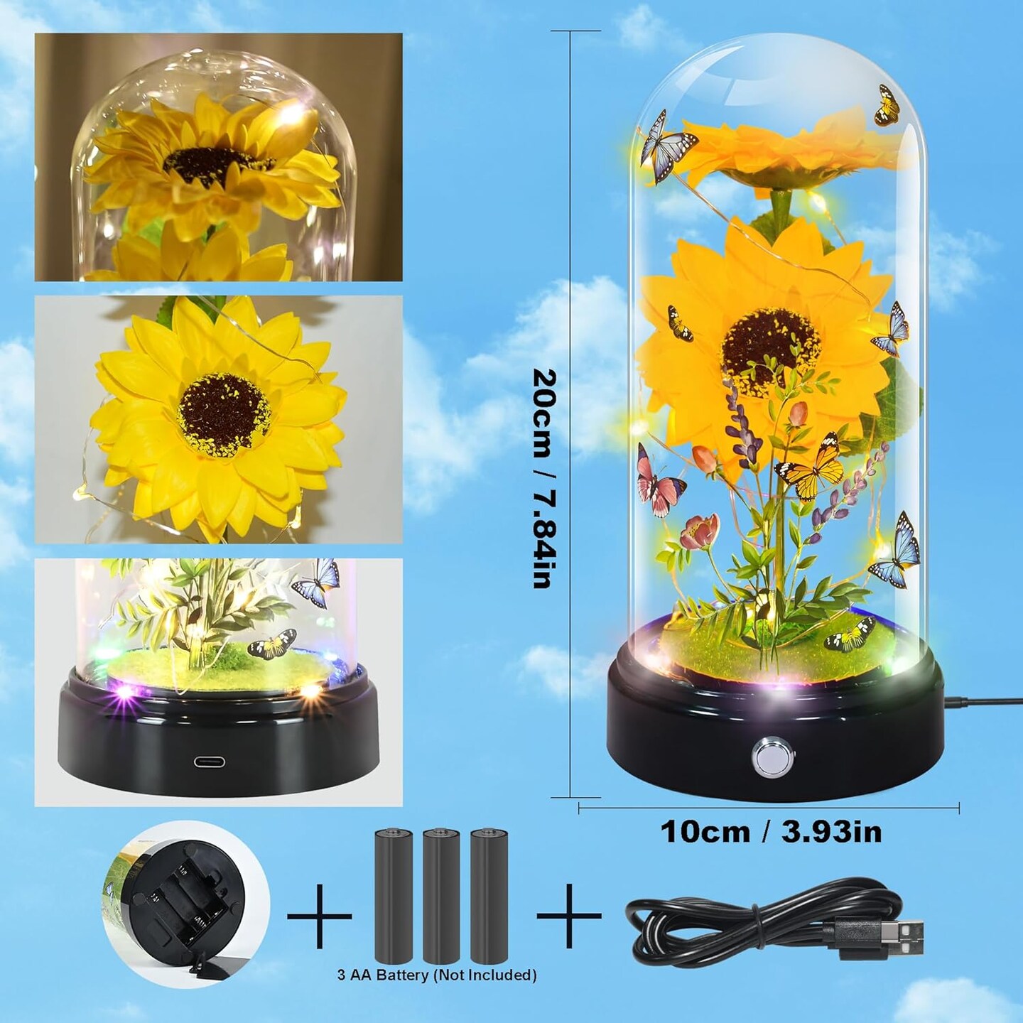 Sunflower Gifts for Women,Yellow Artificial Sunflowers with LED Light in Glass Dome,Cute Sunflower for Christmas,Birthday, Mother's Day, Valentine's Day