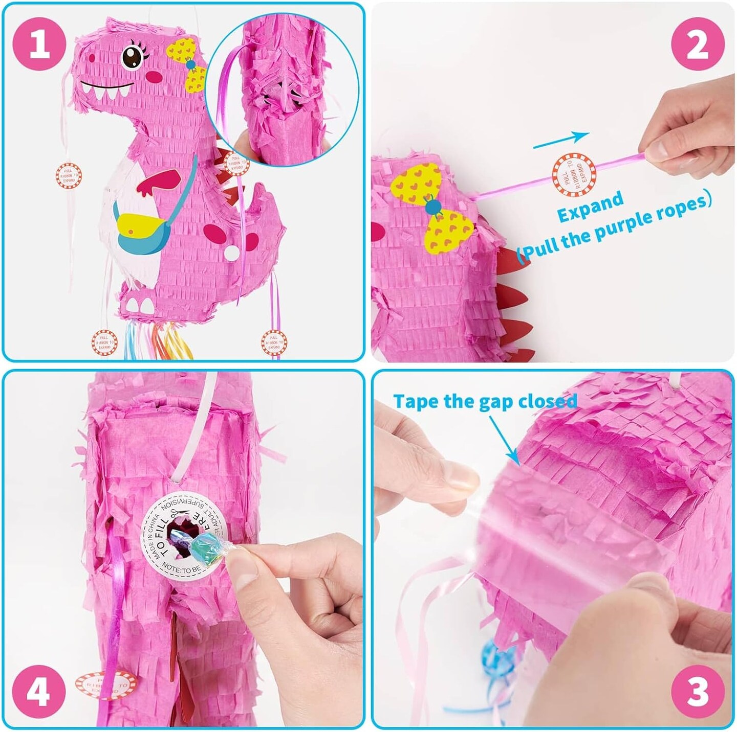 Foldable Dinosaur Pi&#xF1;ata - Pull String Dinosaur Birthday Party Supplies Extendable Pi&#xF1;ata with Blindfold Bat and Tassels Dinosaur Birthday Decoration Pink Dinosaur Pi&#xF1;atas