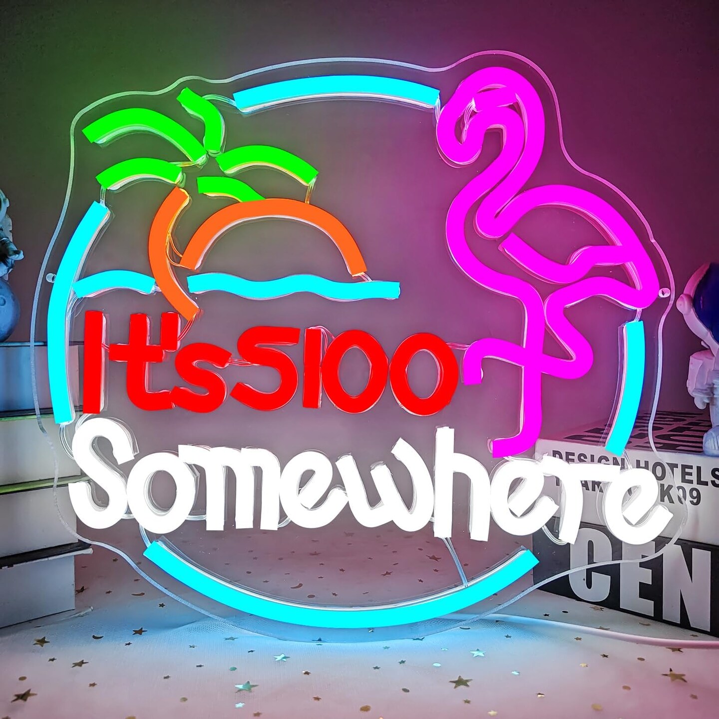Summer Flamingo &#x22;It&#x2019;s 5:00 Somewhere&#x22; Neon Sign &#x2013; Tropical Summer LED Wall Light for Tiki Bars, Home Bars, Patios &#x26; Poolside Vibes