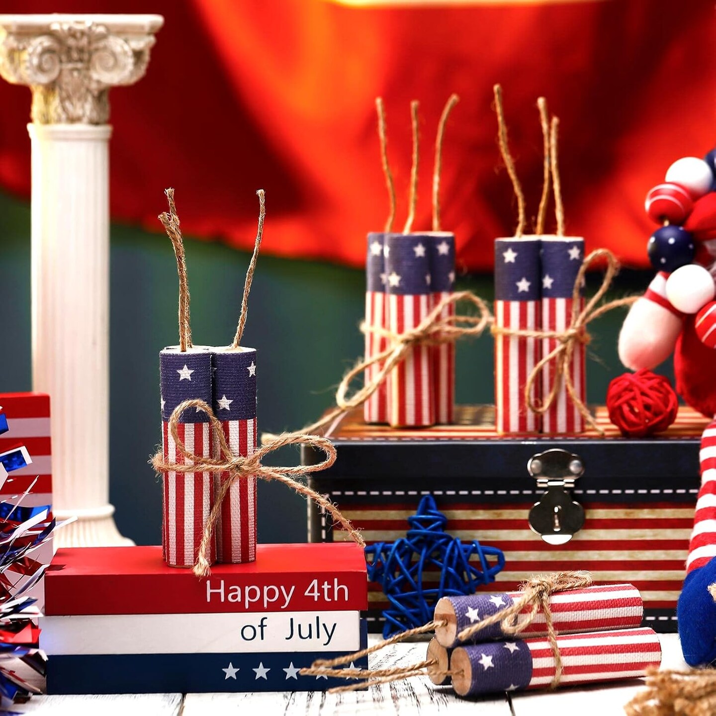 12 Pcs Patriotic Decor 4th of July Tiered Tray Decor Memorial Day Wooden Firework Sign Rustic Farmhouse Fourth of July Centerpieces Wood Block Sign Independence Day Decorations for Tabletops