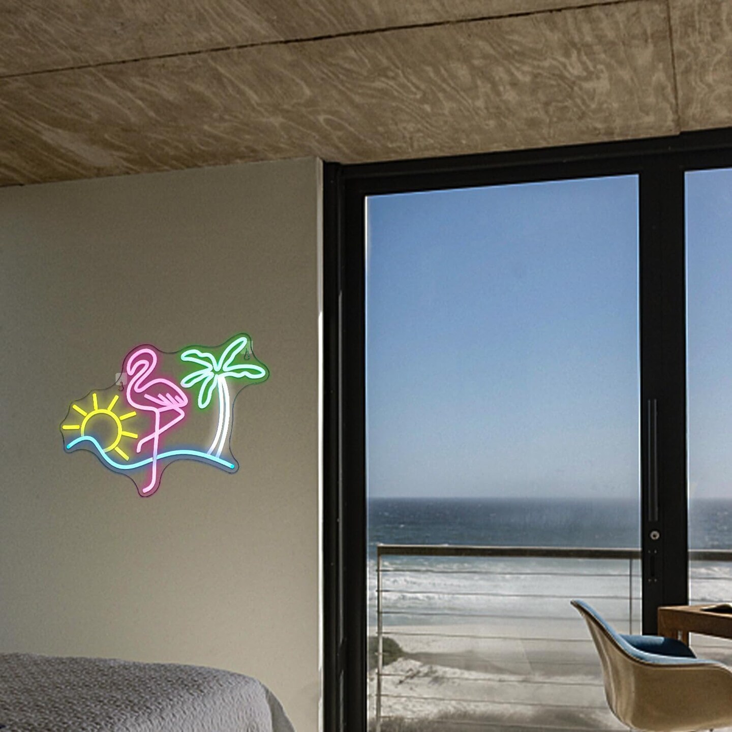 Summer Flamingo &#x26; Palm Tree Neon Sign &#x2013; Wall Decor for Home Bar, Beach Restaurant &#x26; Party (16.5&#x22; x 12.2&#x22;)