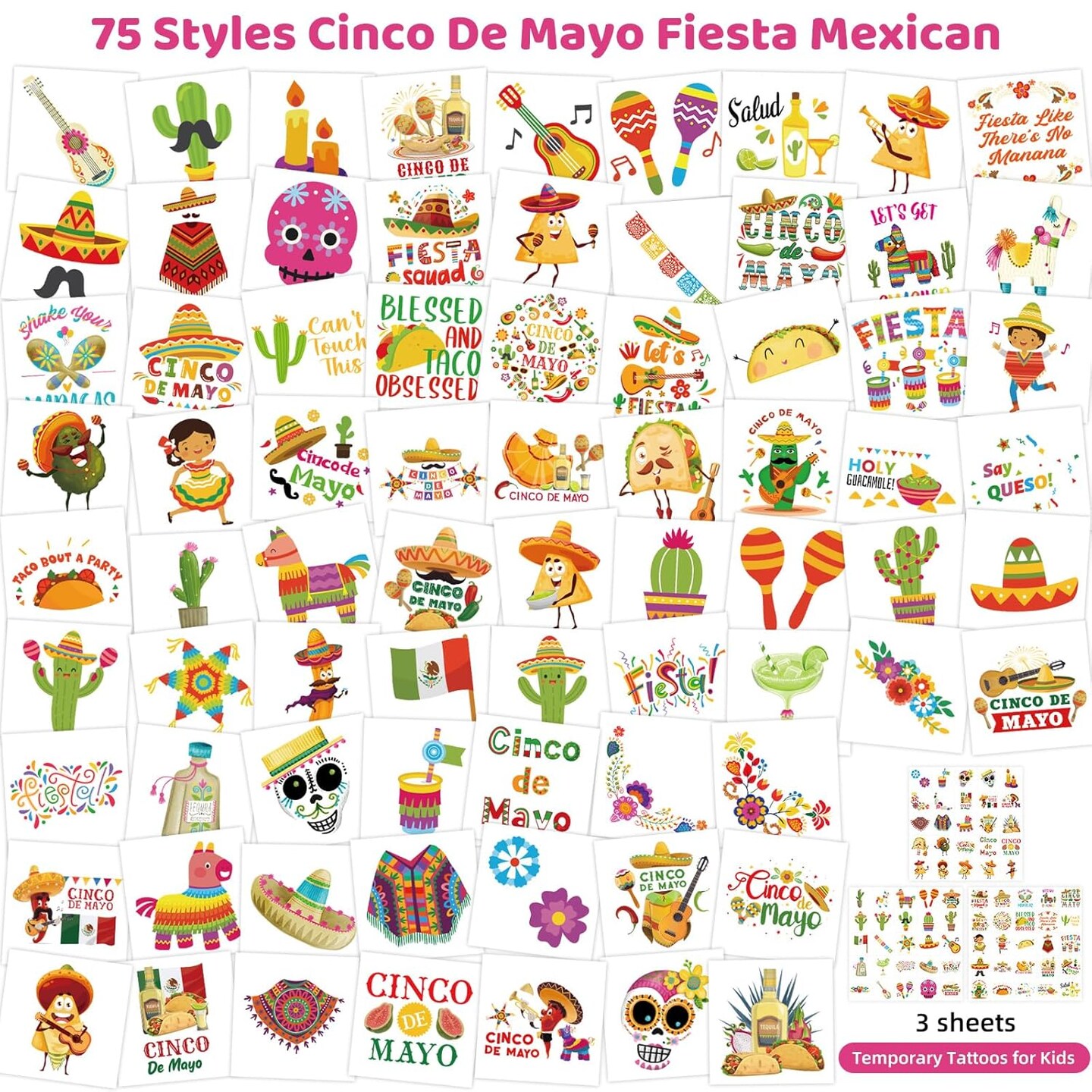 Cinco De Mayo Mexican Fiesta Temporary Tattoos Face Body Stickers 75pcs Party Favors for Kids Decorations Supplies