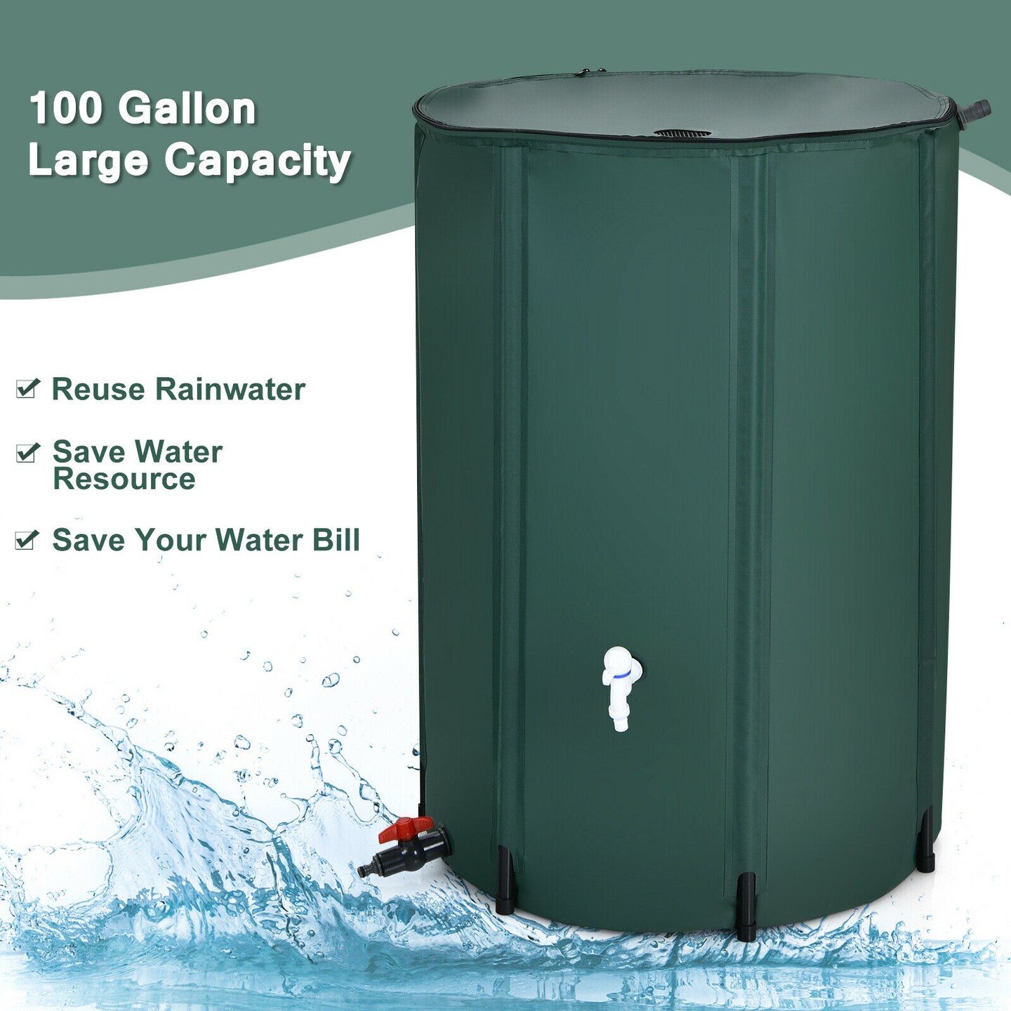 100 Gallon Green Foldable Portable Rain Barrel Water Collector Tank with Spigot Filter and Mesh Top