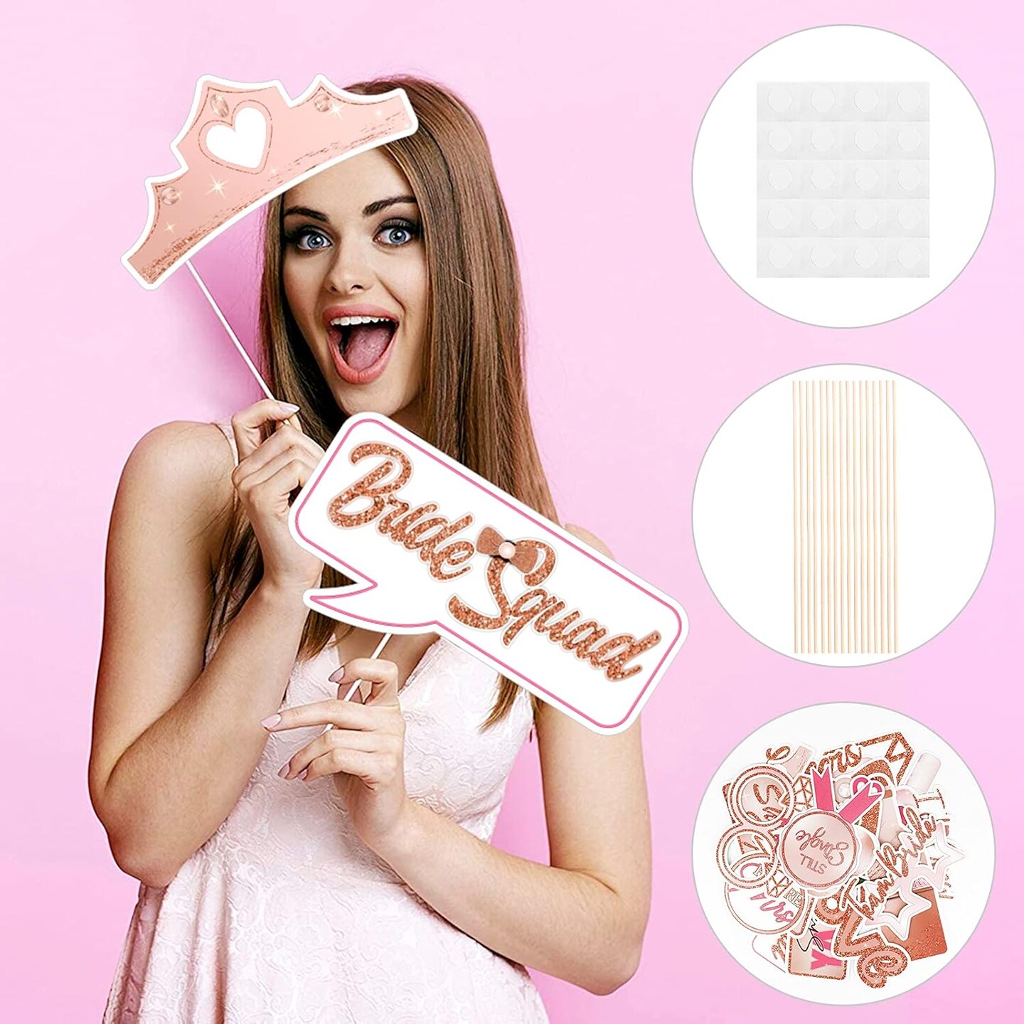 Bridal Shower Photo Booth Props Kit(21 Count), Rose Gold Wedding Hen Party Funny Selfie Props, Bride to Be Night Party Photo Props Decoration Accessories, with Bamboo Sticks&#x26; Stickers