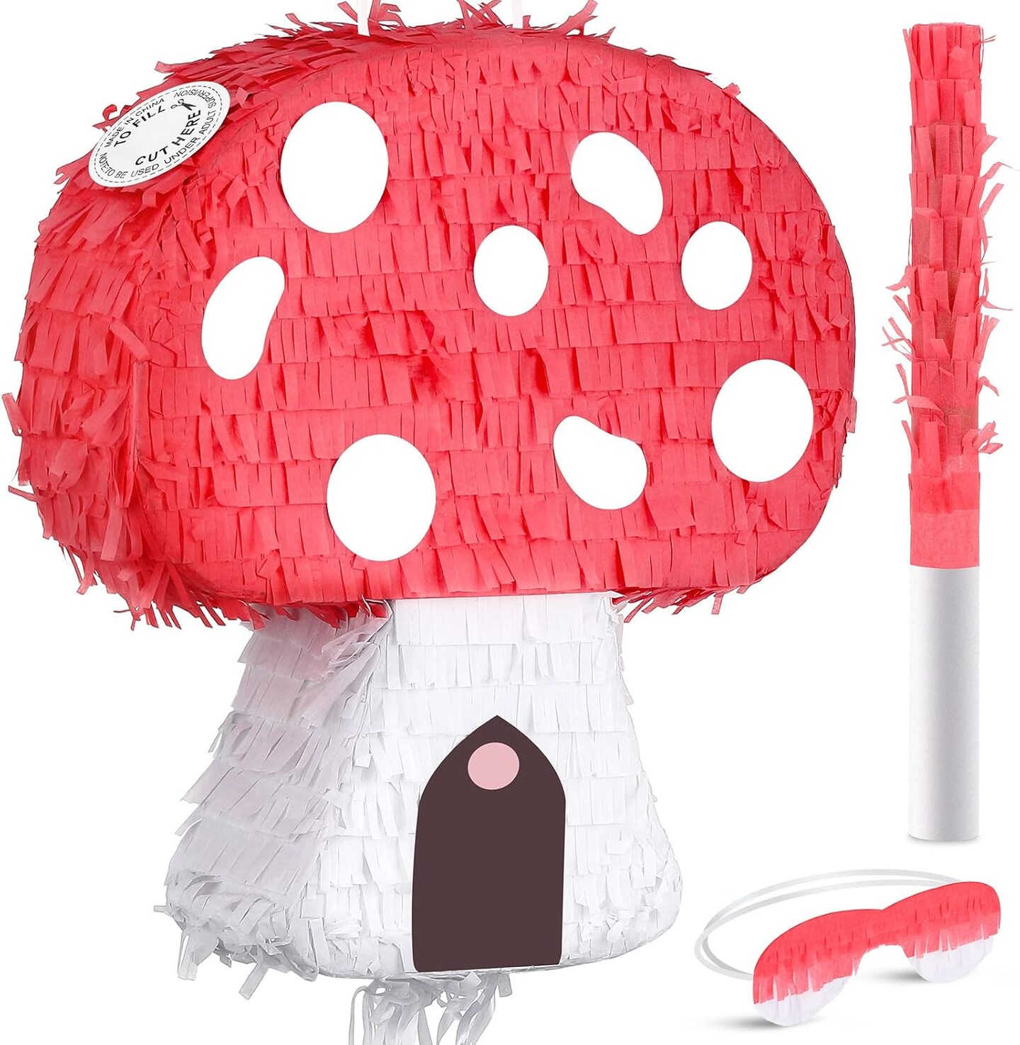 Mushroom Pinata with Stick and Blindfold, Paper, Baby Shower, Fantasy Theme Decoration