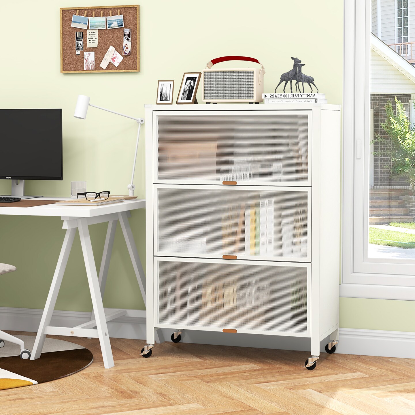 4-Tier White Metal Foldable Kitchen Bakers Rack with Flip Doors and 4 Universal Wheels