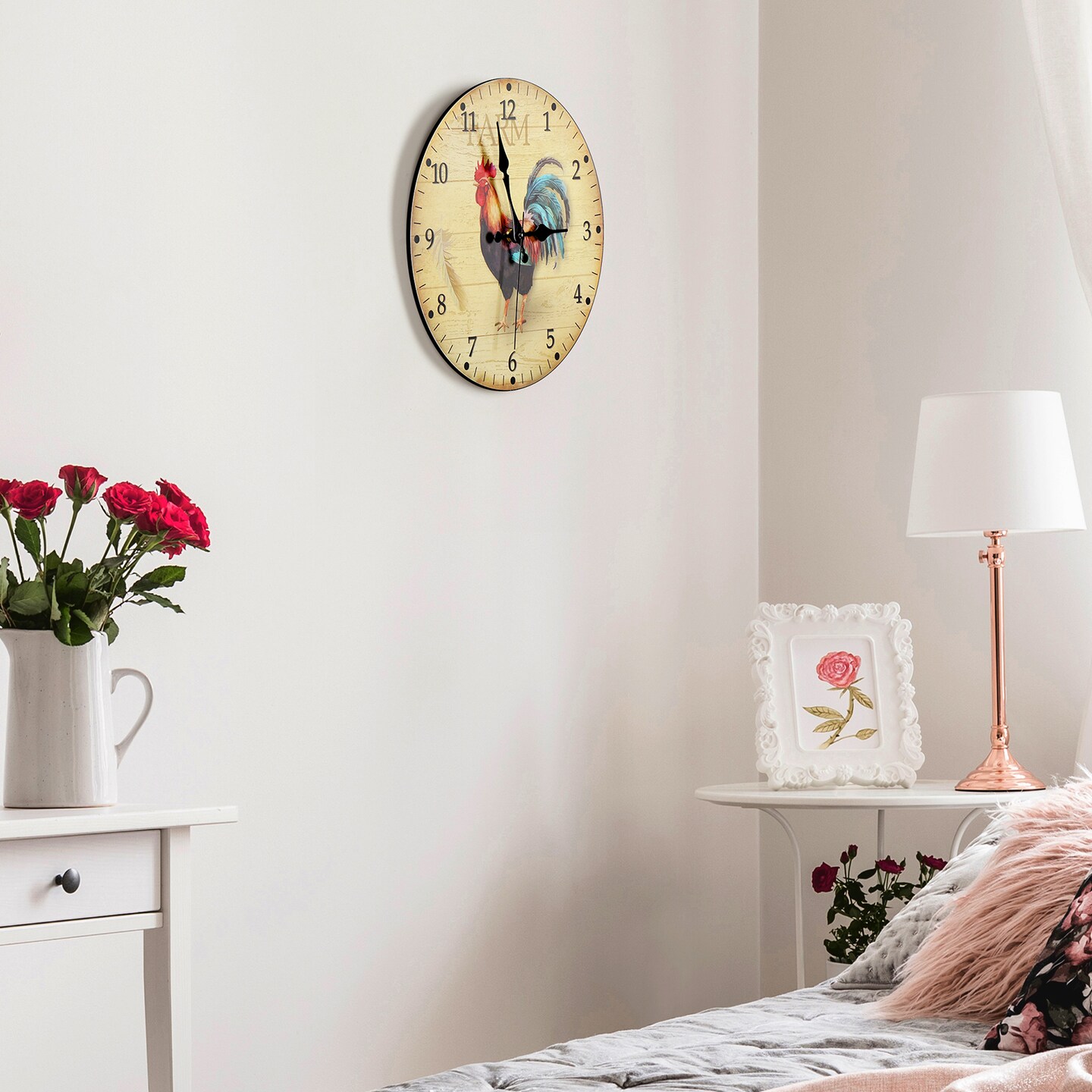 Farmhouse Rooster Wall Clock Battery Operated 12 Inch (30 cm) - Silent Frameless Kitchen Decor Analog Clock for Home, Office, Bedroom