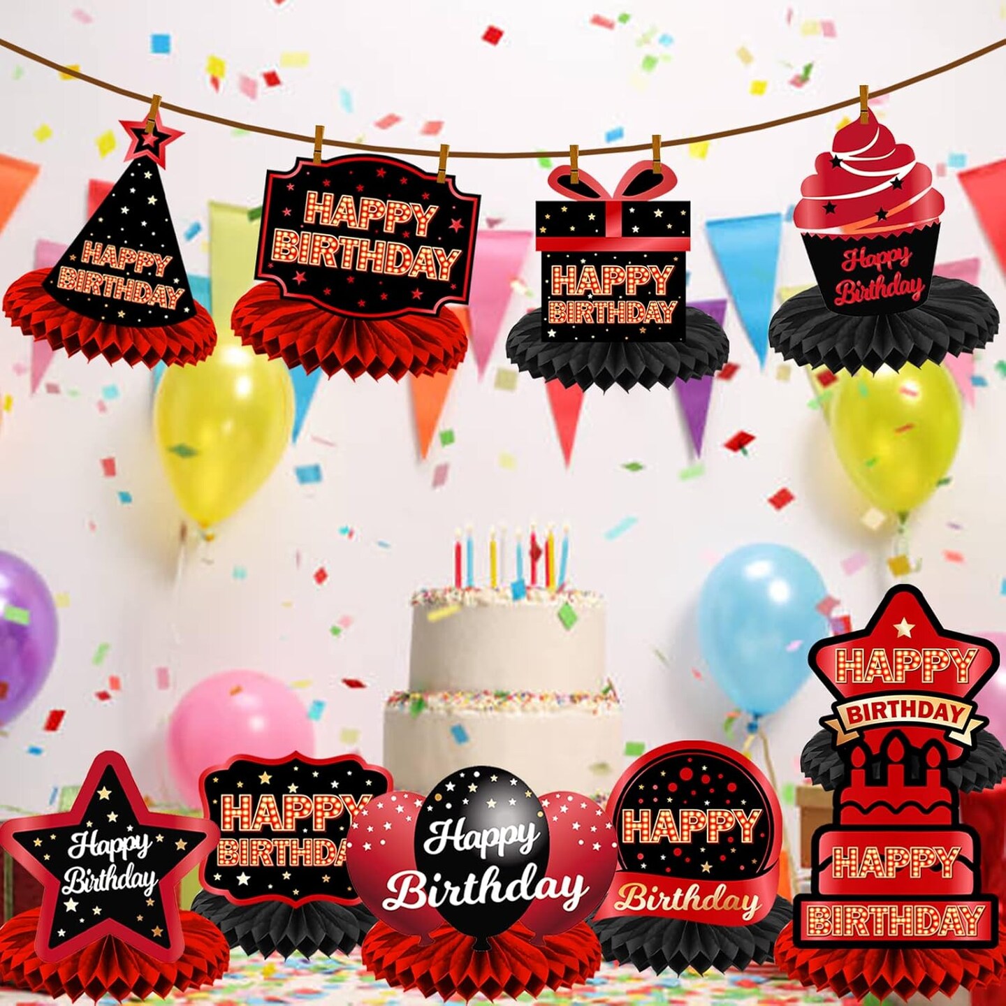 Happy Birthday Red and Black Table Honeycomb Centerpieces Balloons Theme Decor Table Decorations Table Toppers for Girls Women Princess 6th 21st 30th 40th 50th 60th Birthday Party Bday Supplies Gold