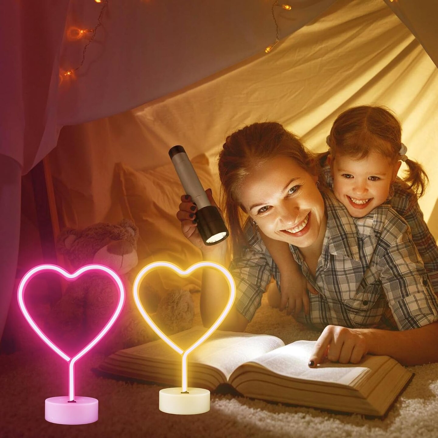 2 Pack Heart Neon Signs, Pink LED Neon Light and Warm White Battery Operated or USB Powered Decoration Lamp for Summer Home Decor