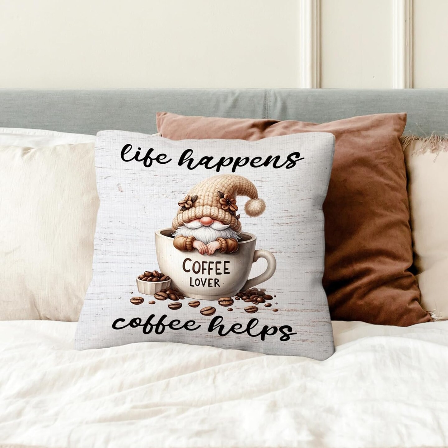 Coffee Gnomes Pillow Covers 18x18, Life Happens Coffee Helps Cute Sofa Decor Throw Pillow Covers for Kitchen Coffee Bar Coffee Station Office Room Decor, Gnome Sign Gnome Lovers Gifts
