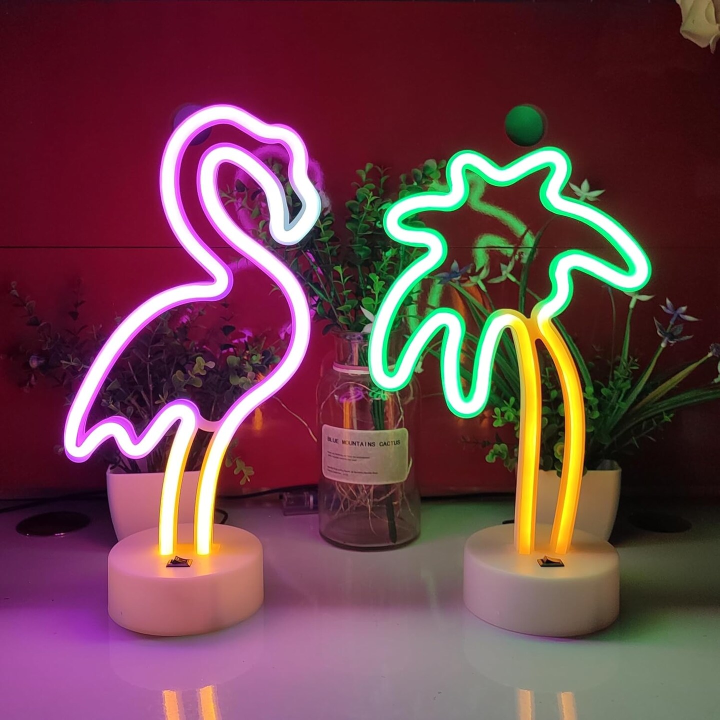 Flamingo Neon Sign with Holder Base, USB or 3-AA Battery Powered Neon Light, LED Desktop Decoration for Parties, Business Displays, and Summer Events (Multicolor)