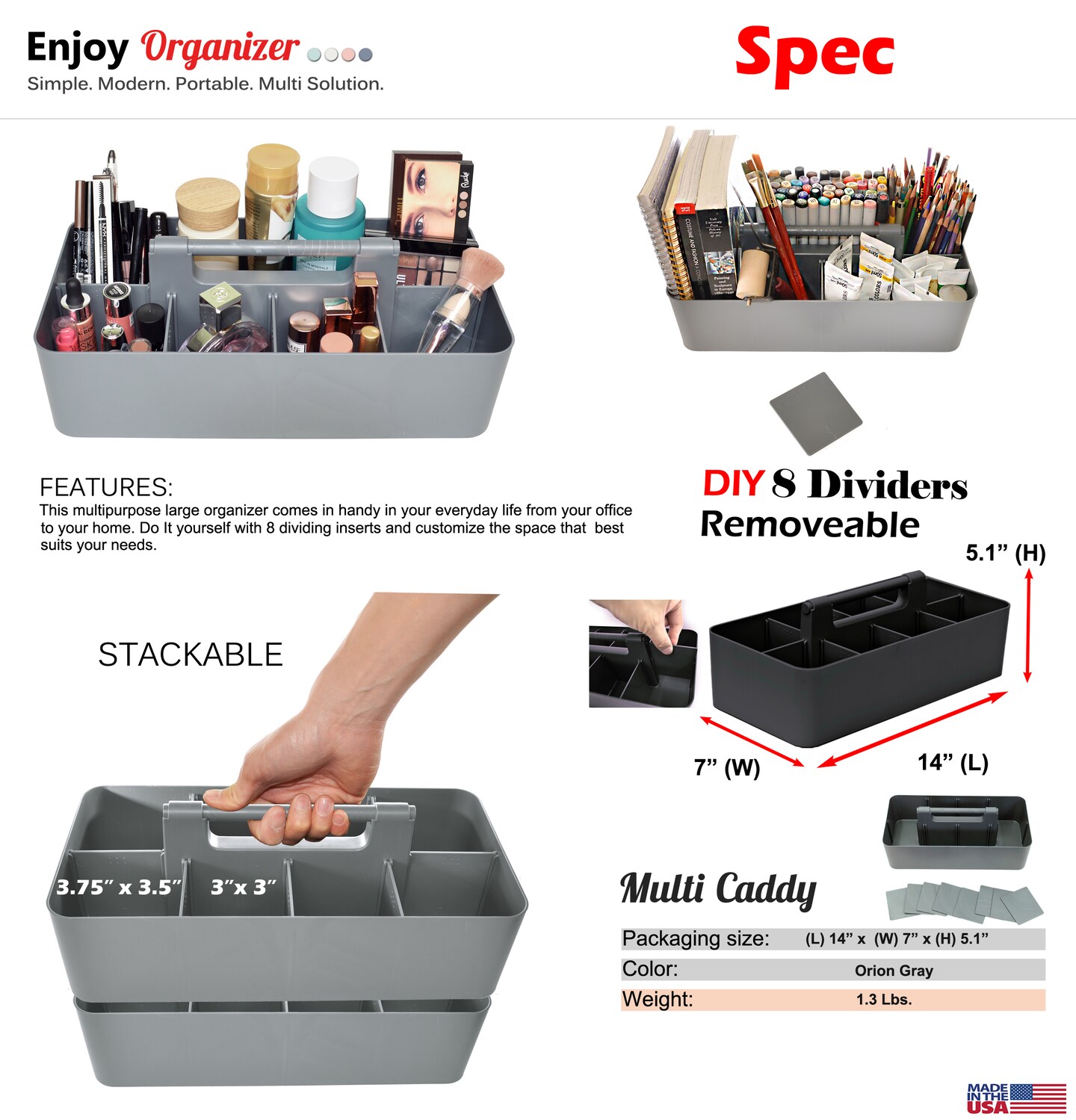 Enjoy Organizer Portable Caddy with Handle – 8-Compartment Storage Bin with Removable Dividers for Office, Crafts, and Home – Made in USA