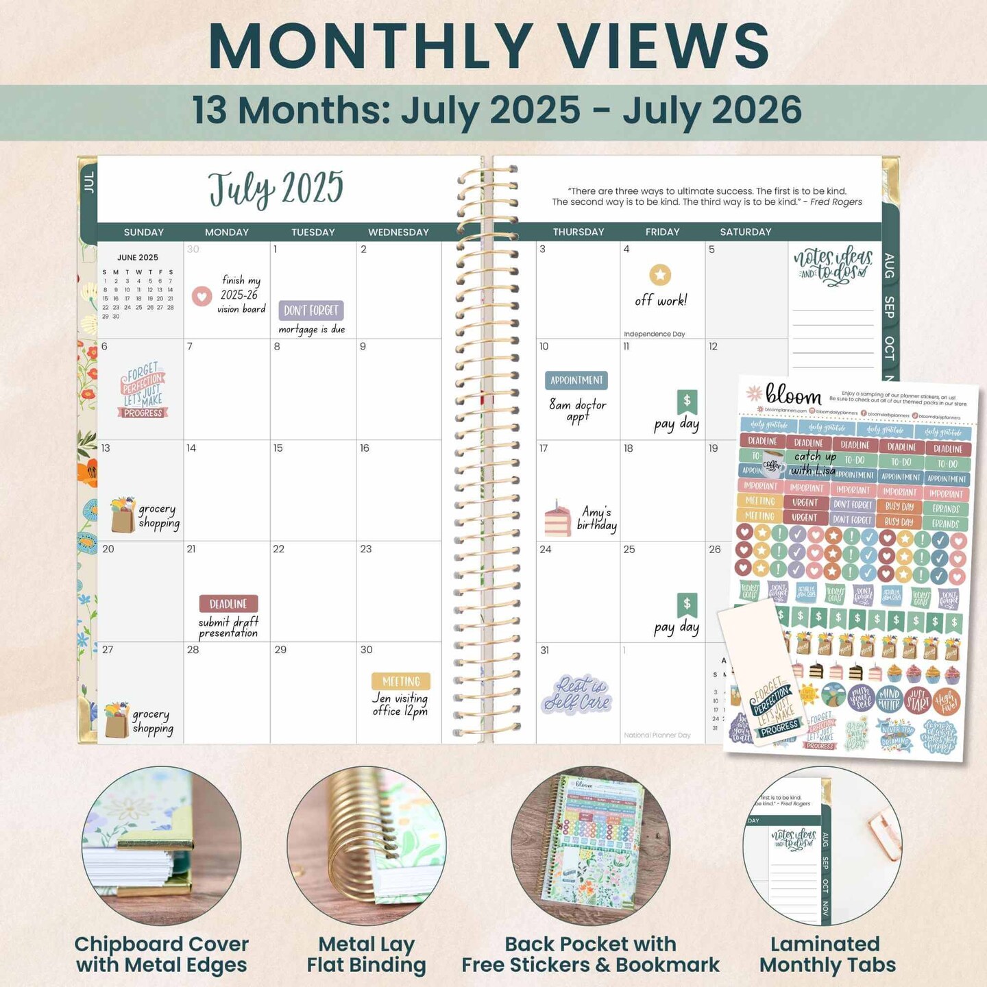 bloom daily planners 2025-26 Academic Planner, Hard Cover, 5.5&#x22; x 8.25&#x22;, Garden Party, Beige