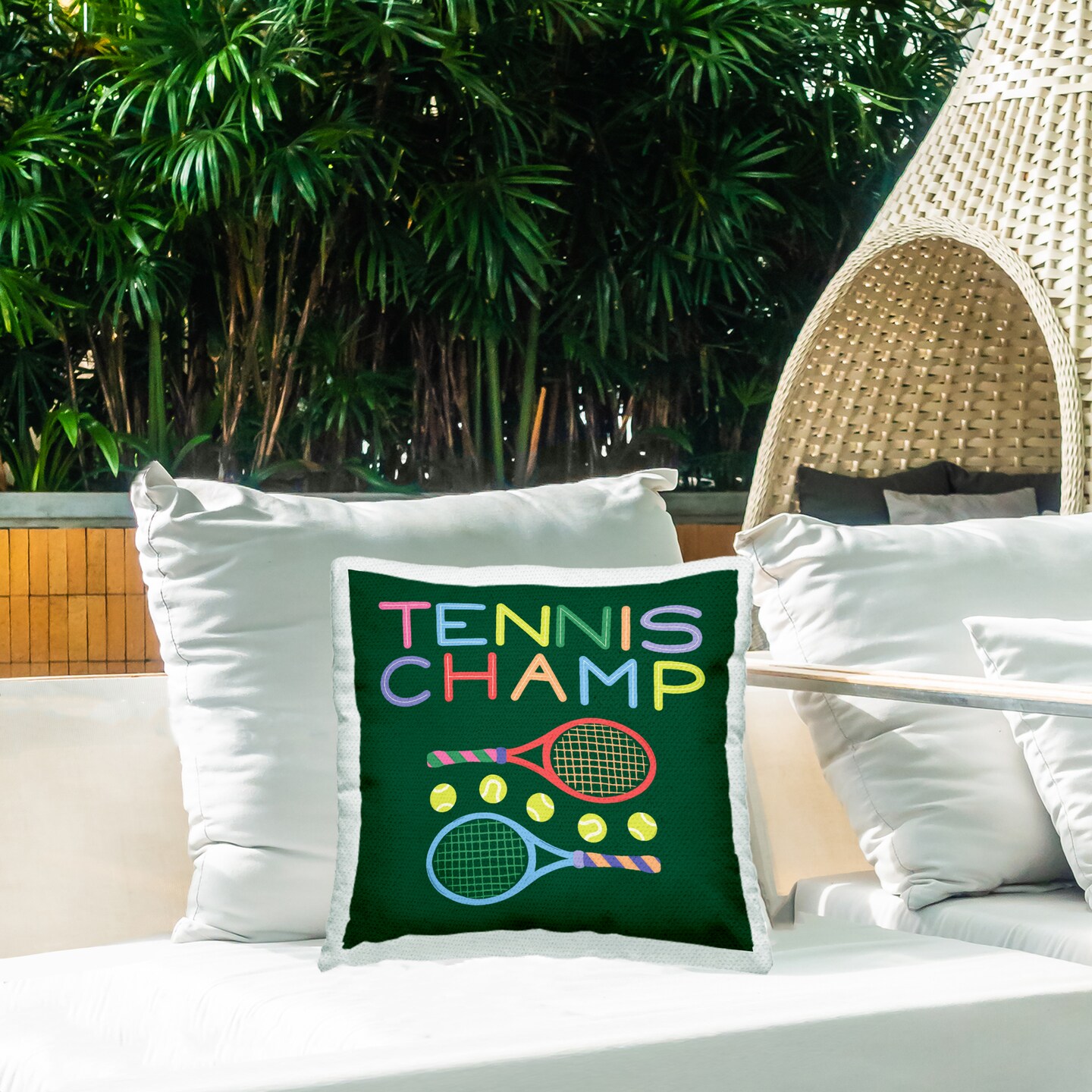 Stupell Industries Tennis Champ Racket & Balls Outdoor Printed Pillow design by Sazerelli Designs, 18 x 7 x 18