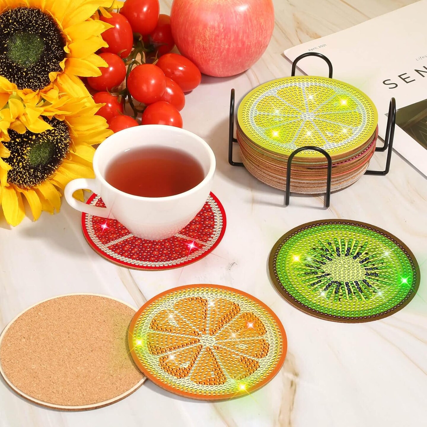 12 Pieces Diamond Art Painting Coasters Kit with Holder, Diamond Art Coasters, DIY Diamond Crafts Projects, Diamond Dot Kits for Adults and Beginners(Fruit Style)