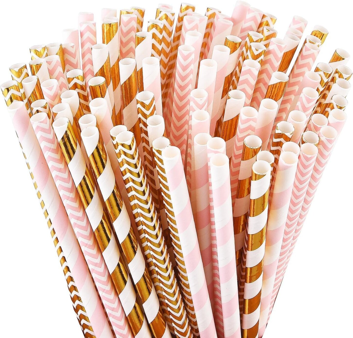 Biodegradable Paper Straws, 100 Pink and Gold Straws for Party Supplies, Birthday, Wedding, Bridal/Baby Shower, Christmas Decorations and Holiday Celebrations