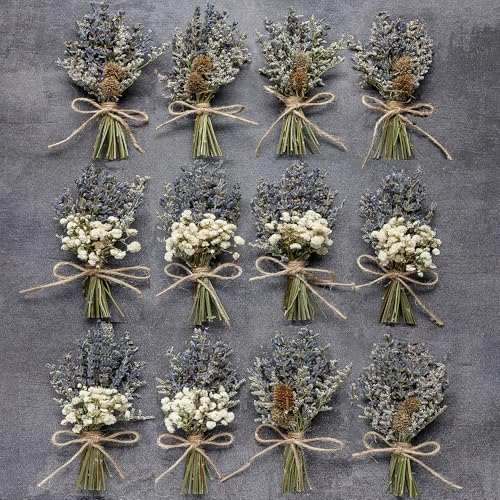 12pcs Lavender Bouquet, Mini Dried Flower Bouquet, Wedding Plate Decoration, Groom &#x26; Best Man Corsage, Photo Frame Decoration, Photo Prop. (Lavender)