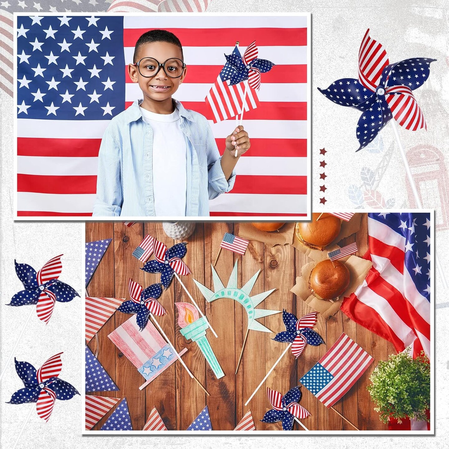 300 Pcs 4th of July Decorations Patriotic Pinwheels Fourth of July Pinwheels for Kids Adults, Red White and Blue Decorations for Independence Day Party Yard Garden