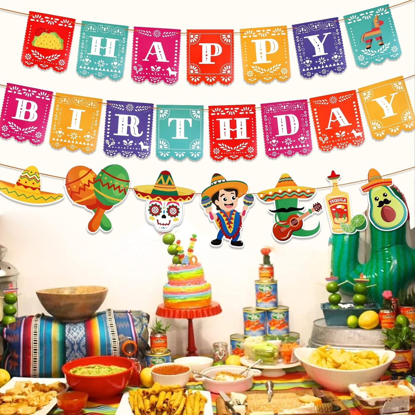 3 Pack Mexican Fiesta Banner Set, Cinco de Mayo Banner for Mexican Themed Party Decoration, Happy Birthday Papel Picado Banner Flag, Taco Hanging Backdrop Banner for Fiesta Party Supplies