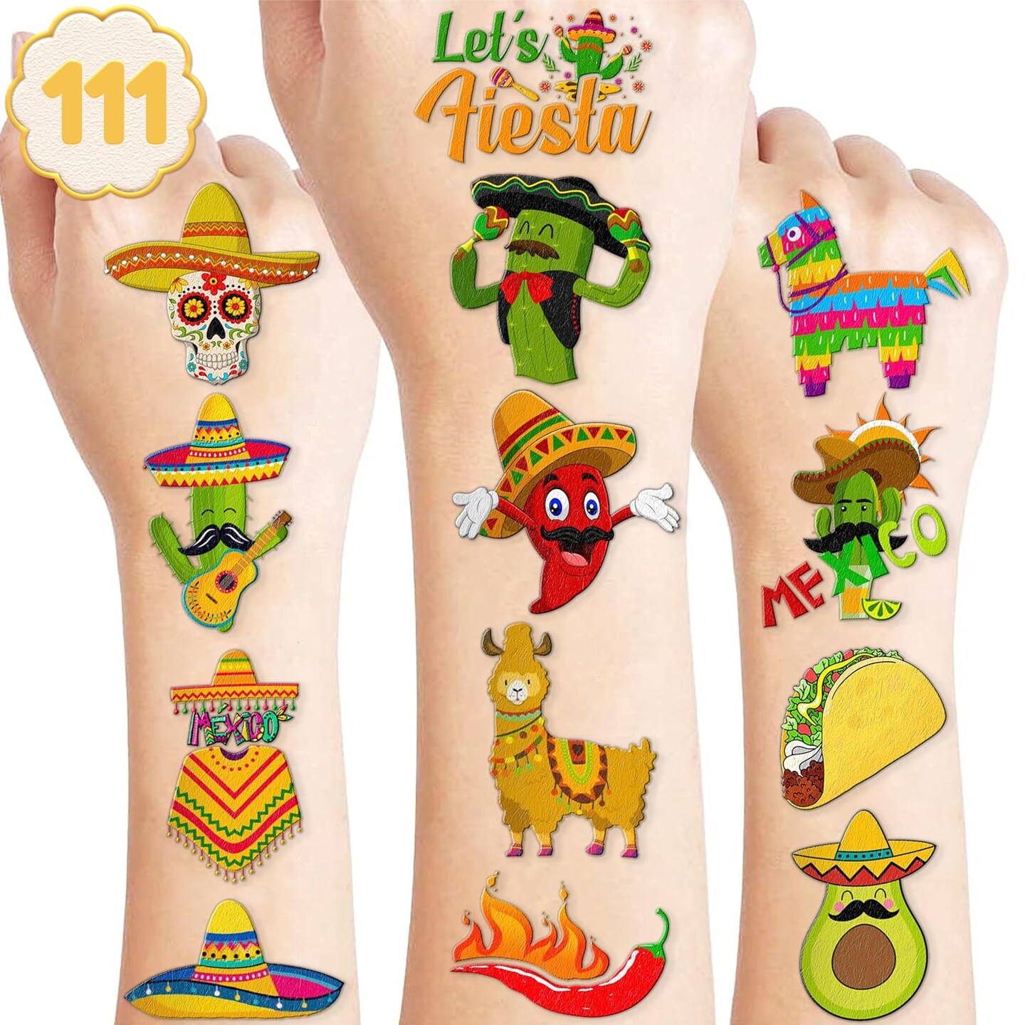 111 PCS Mexican Fiesta Temporary Tattoos Stickers Theme Birthday Party Decorations Supplies Favors Decor Taco Mexico Cinco De Mayo Pinata Tattoo Sticker Gifts For Boys Girls School Prizes Carnival