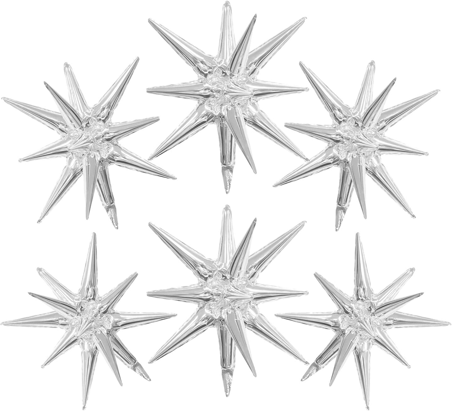 Silver Star Balloons 6pcs Foil Mylar Balloons 22 Inch Large Cone Spike Explosion Star Balloon Party Decorations for Christmas Birthday Bachelorette Disco Party