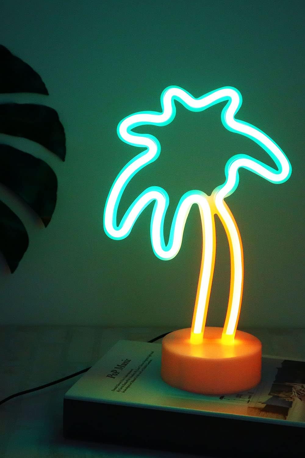 Summer Tropical Neon Palm Tree Light &#x2013; Summer Night Lamp for Beach-Themed Room Decor, USB/Battery Powered, 11.5&#x201D; Table Light