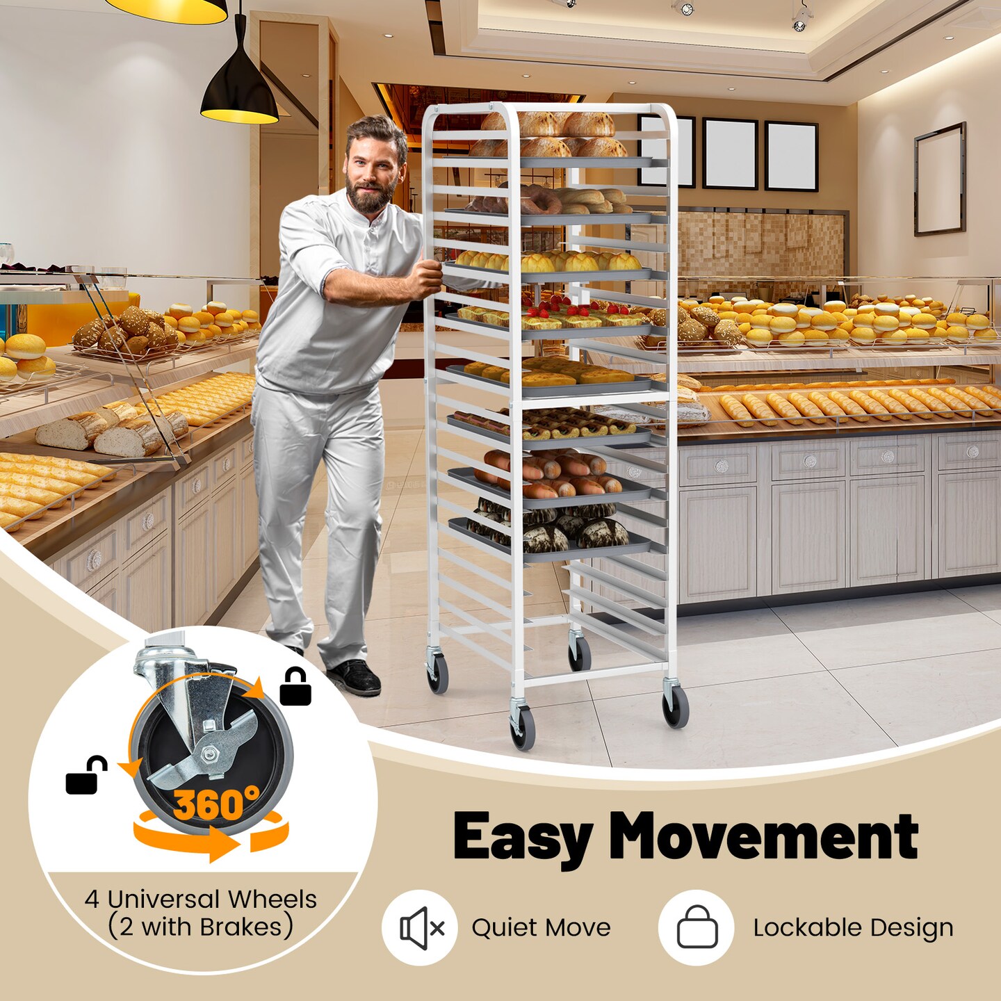 20 Tier Heavy Duty Aluminum Pan Rack Frame with Swivel 4 Wheels and Open Shelves