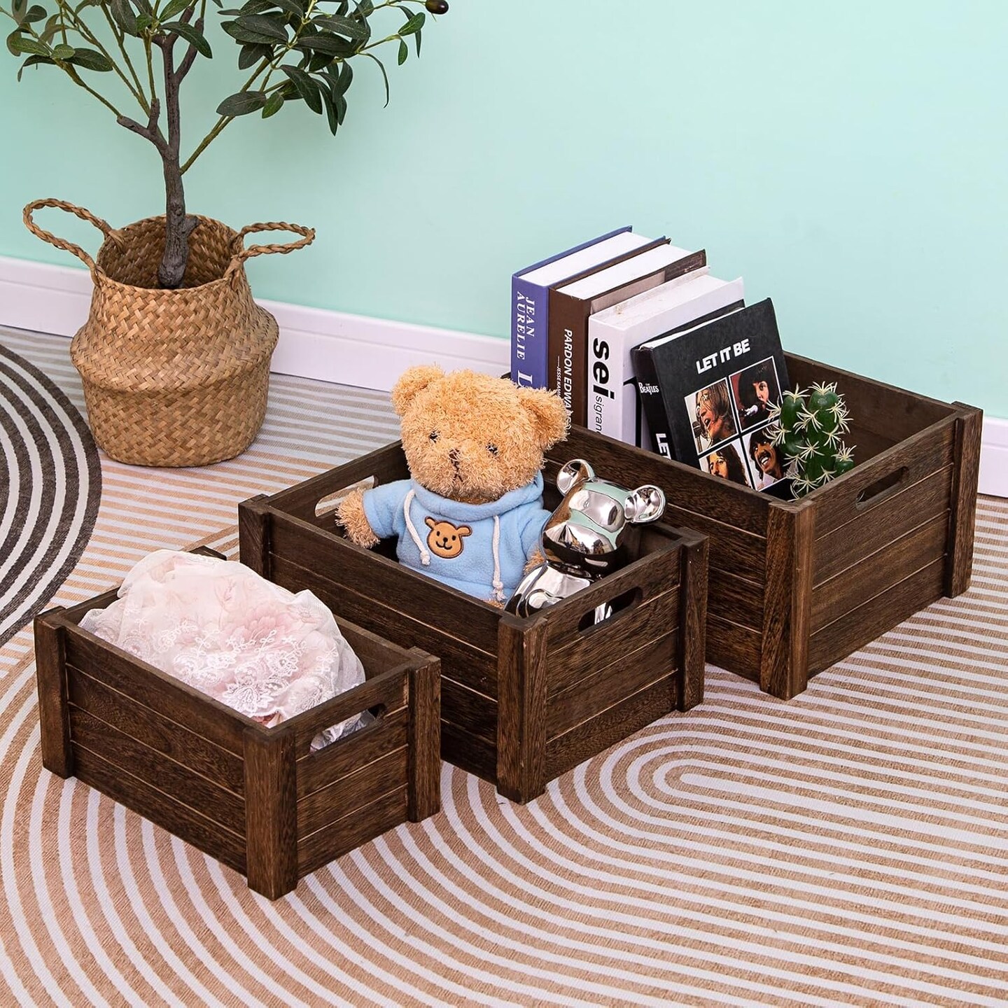 Large Vintage Black Wooden Crates For Storage