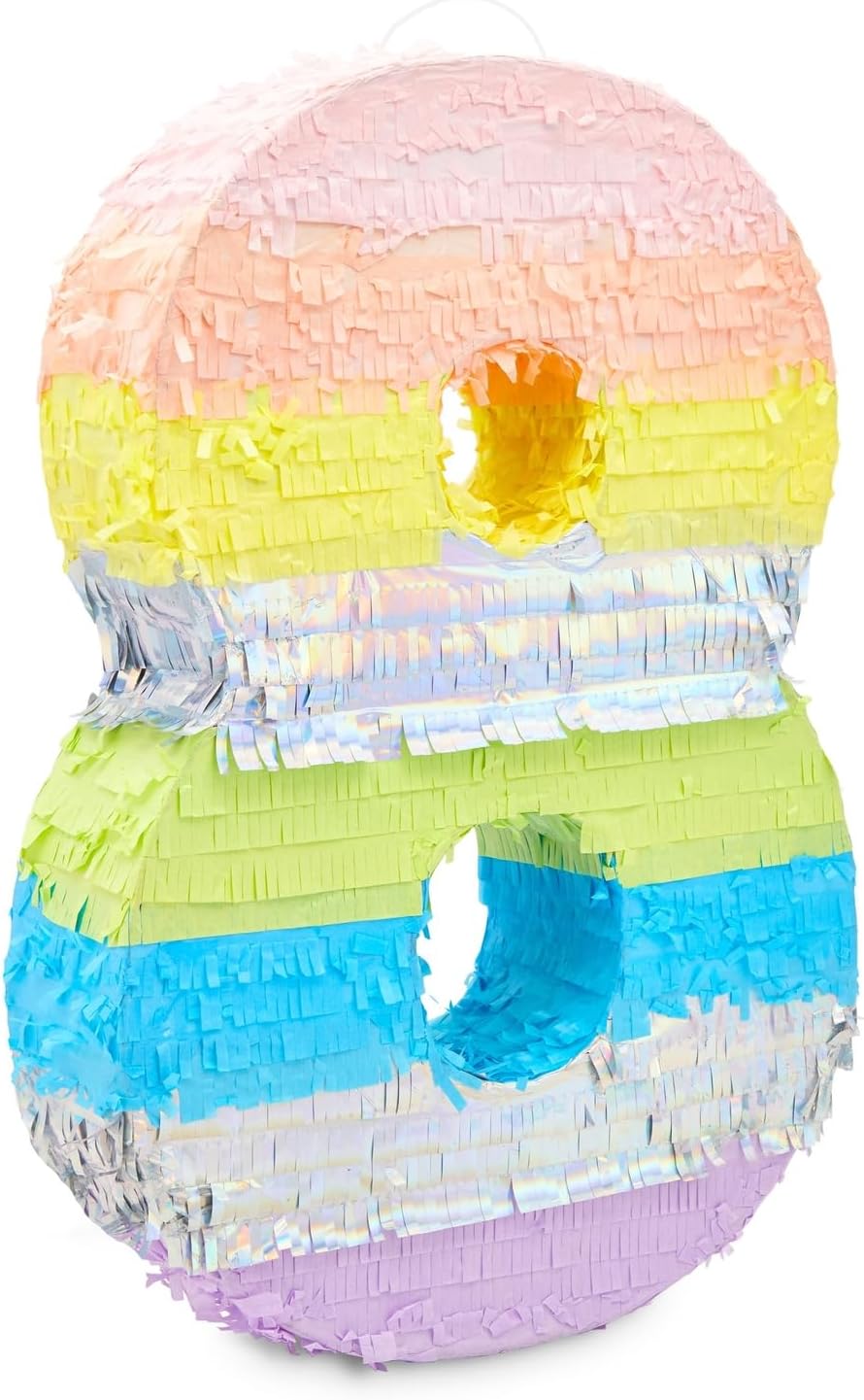 Large Number 8 Pinata for 8th Birthday Party Decorations, Rainbow Pastel (21 x 14.5 x 4 In)