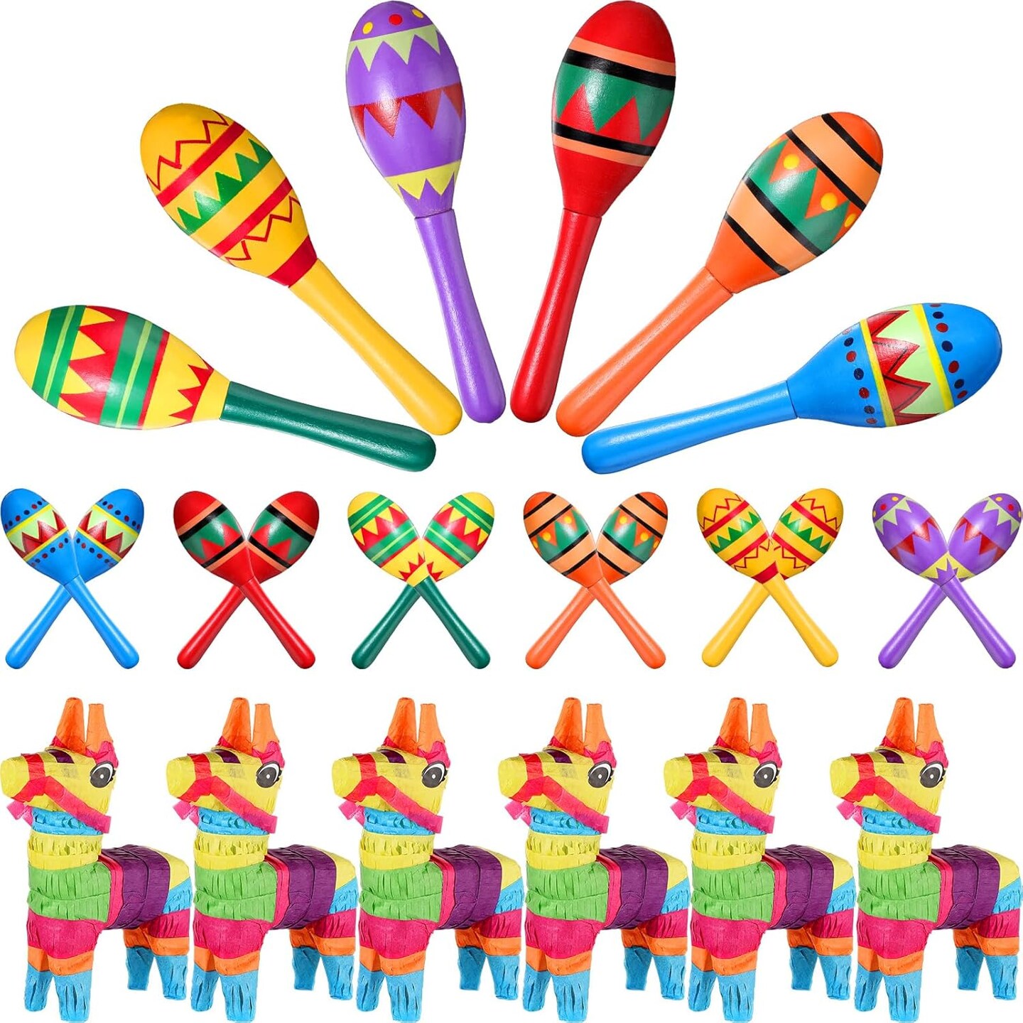 36 Pcs Mexican Fiesta Decor Include 12 Wooden Maracas Bulk 6 Mini Donkey Pi&#xF1;atas Mexican Theme Decorations for Maracas Party Favors Adults Cinco De Mayo Party Props