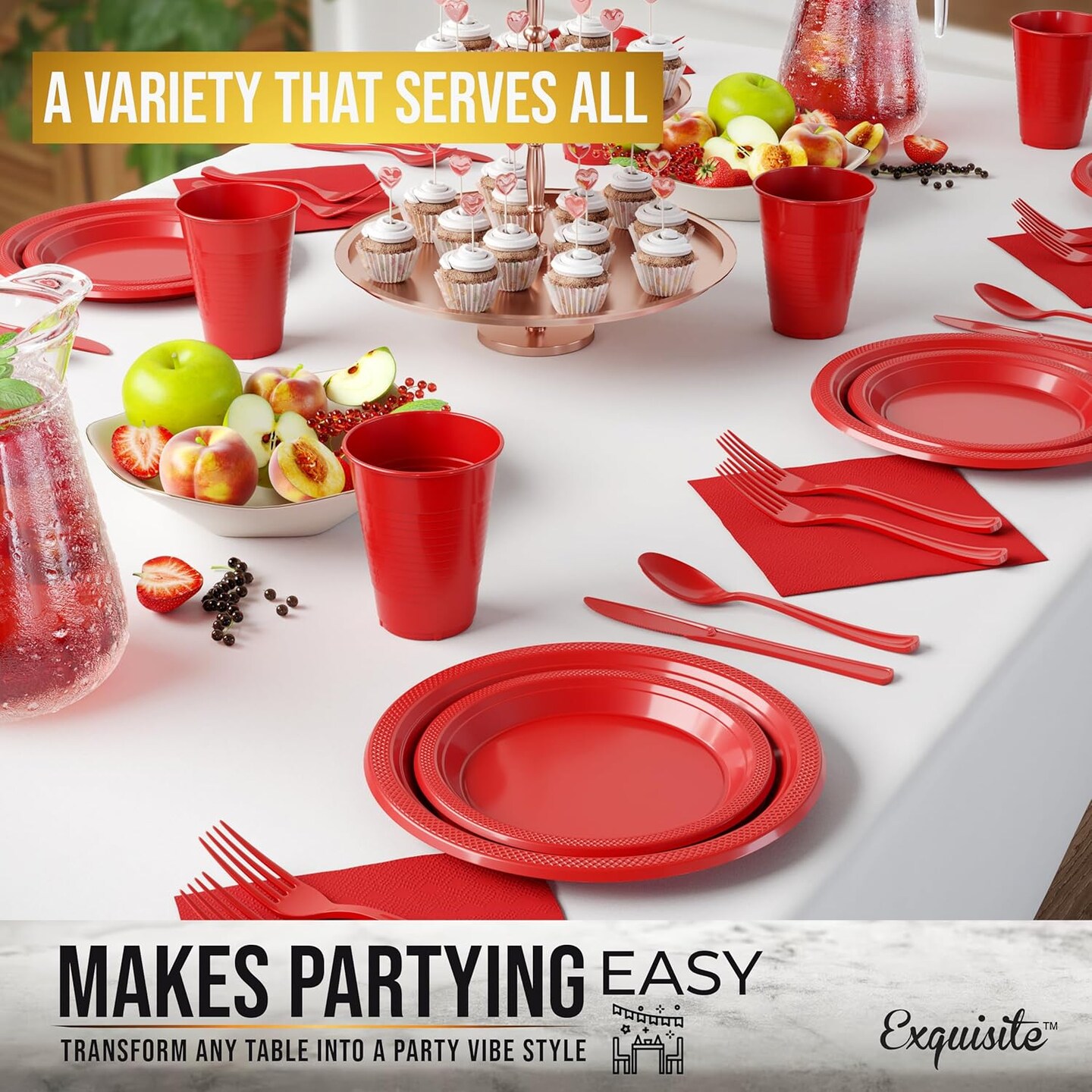 350 Pcs Red Plastic Plates For Party, Red Disposable Plates Set, 50 Of Each 9&#x22; Dinner Plate Set, 7&#x22; Dessert Plate, Cups, Napkins &#x26; Cutlery Plastic Dinnerware Exquisite
