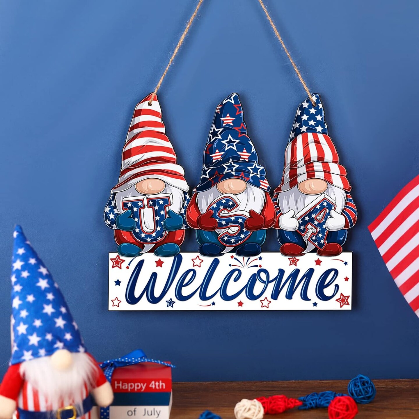 Patriotic Welcome Door Decor 4th of July Wooden Sign Red Blue White Retro Gnome Memorial Day Door Hanger Decoration for Independence Day Porch Wall Window