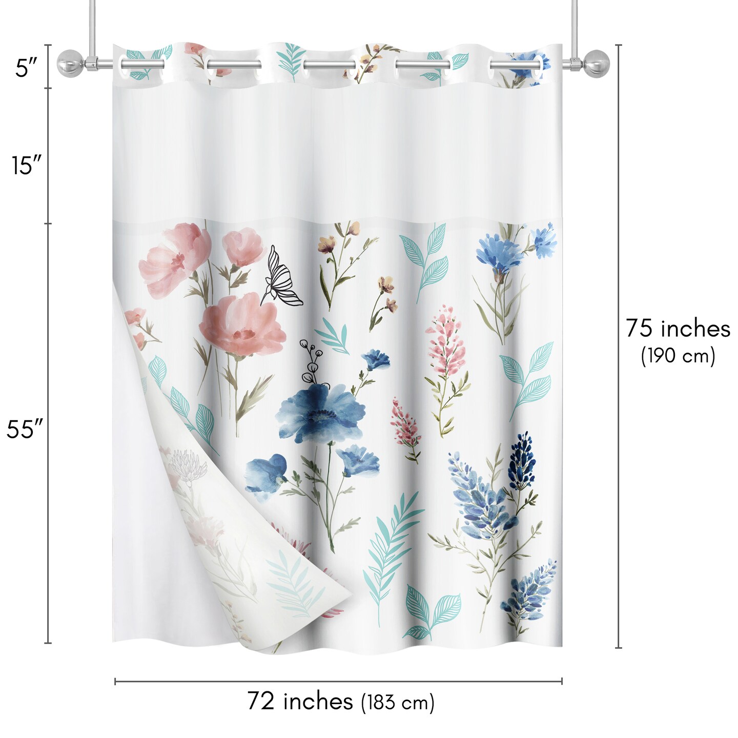 Americanflat 72x75 Hookless Shower Curtain - Floral Blue and Pink Shower Curtain with Sheer Panel, Snap-In Liner, and Grommets - 100% Polyester
