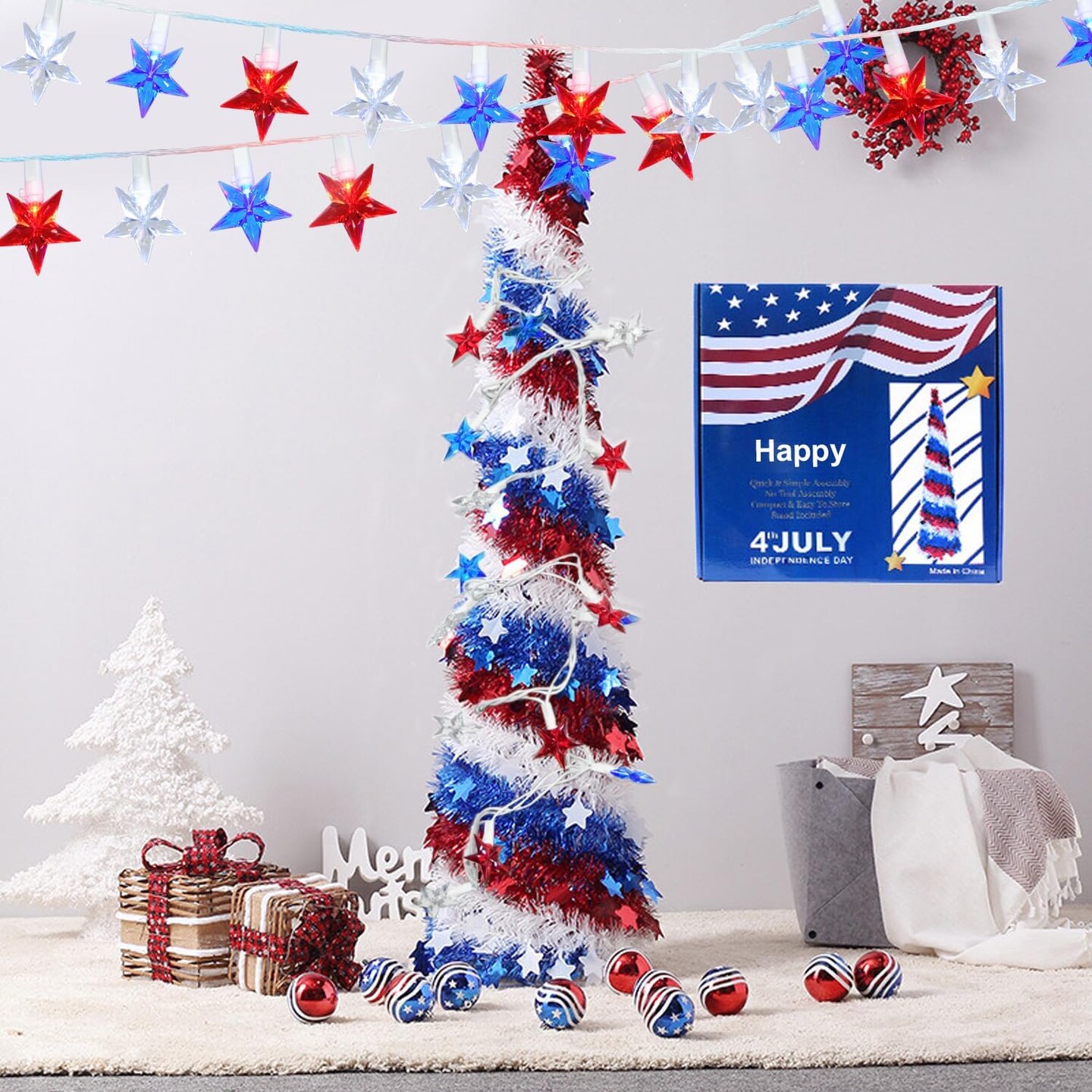 4th of July Decorations - 100 LED Red White and Blue Star Lights Plug in Star String Lights, for Memorial Day Independence Day Decor &#x26; Patriotic Decorations for Home Party Yard