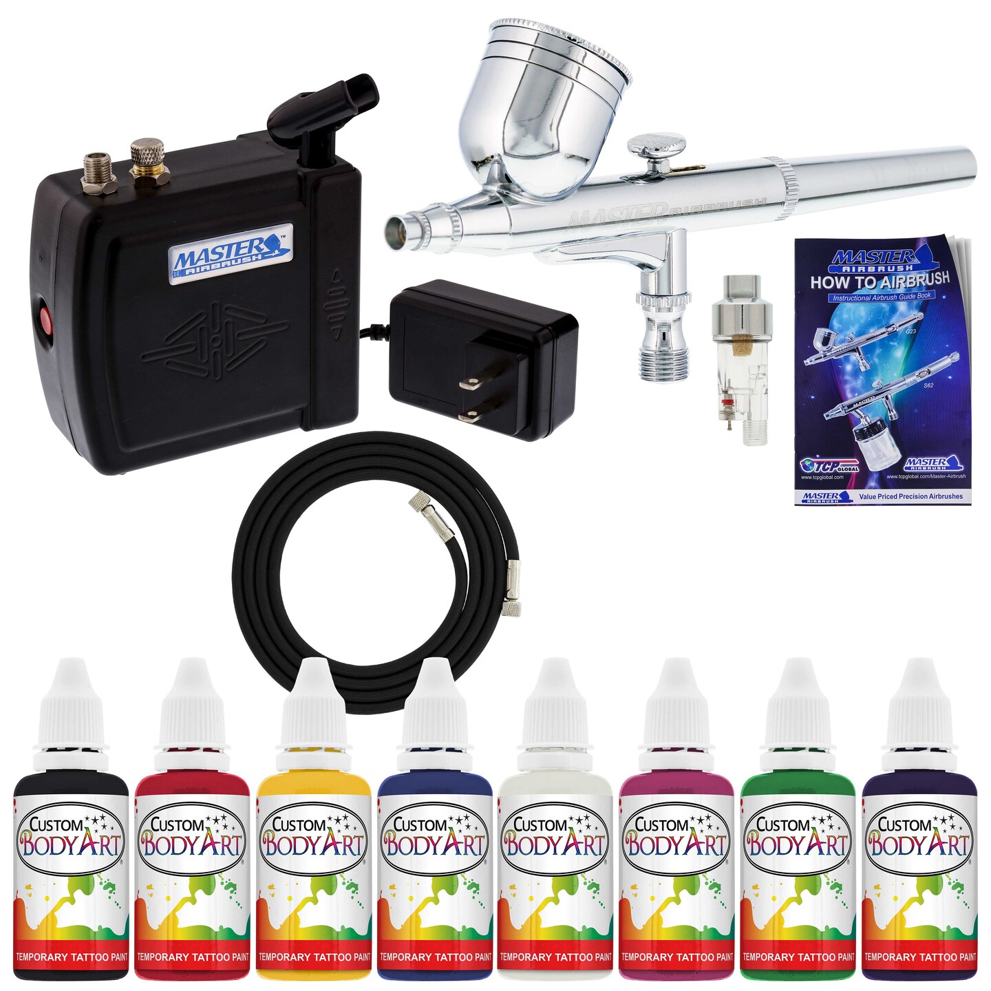 Multi-Purpose Airbrush Kit with Mini Compressor, Dual-Action Gravity Feed Airbrush. Air Hose and 8 Color Tattoo Paint Set