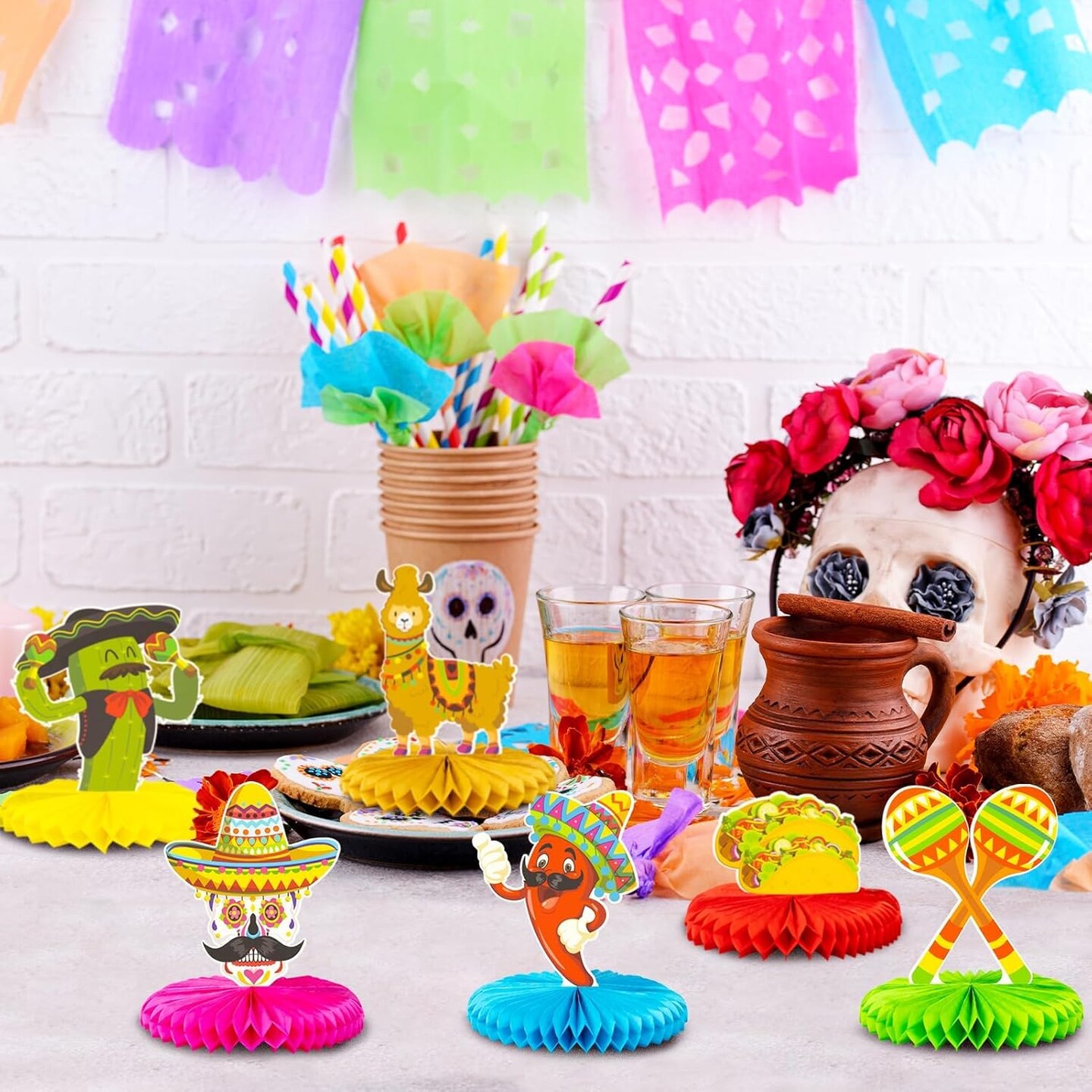 12pcs Fiesta Mexican Party Table Decoration Centerpiece - 8&#x201D; Paper 5 Cinco De Mayo Party Table Decoration Honeycomb for Fiesta Mexican Themed Taco Party Birthday Day of the Dead Decor Supplies