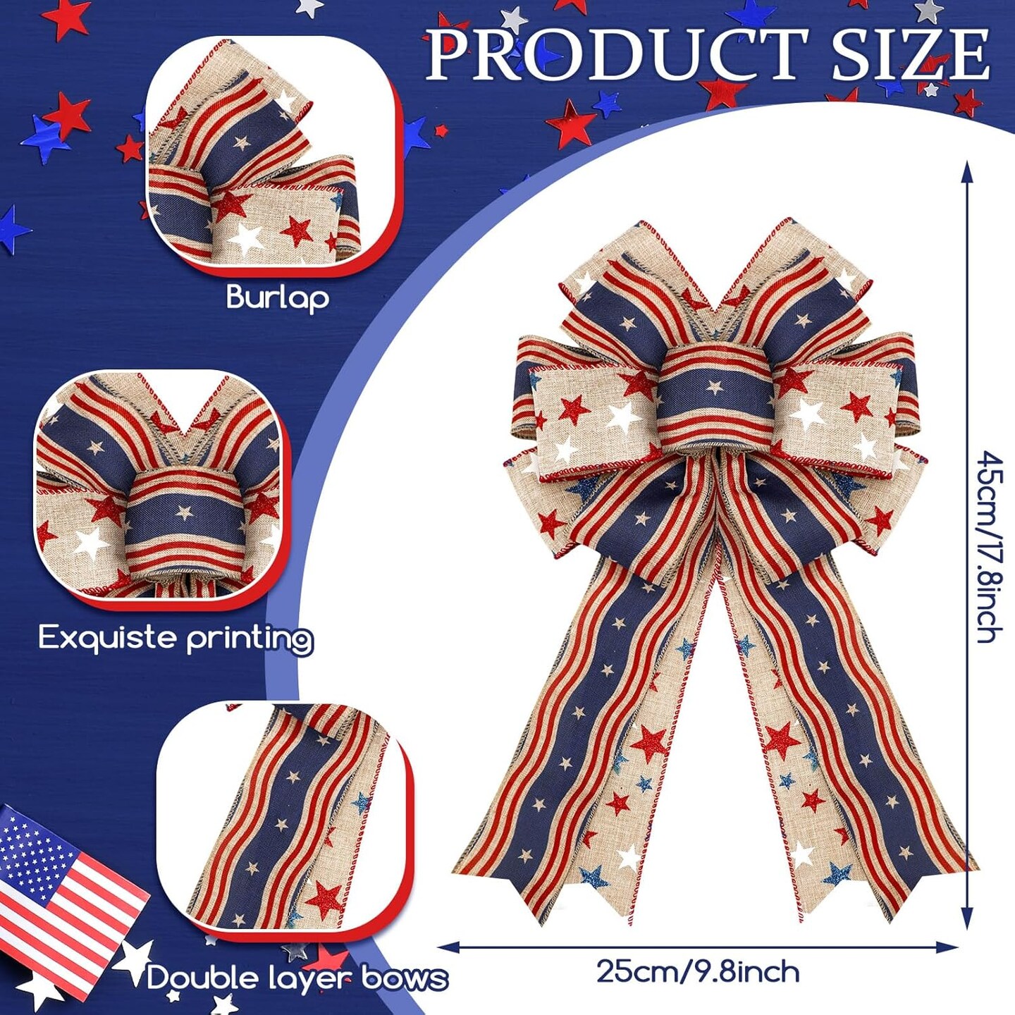 2 Pcs Red White Blue Bows Happy Labor Day Bow American Flag Bow Patriotic Wreath Burlap Bow Memorial Day Tree Topper for Indoor Outdoor Independence Day Party Decoration