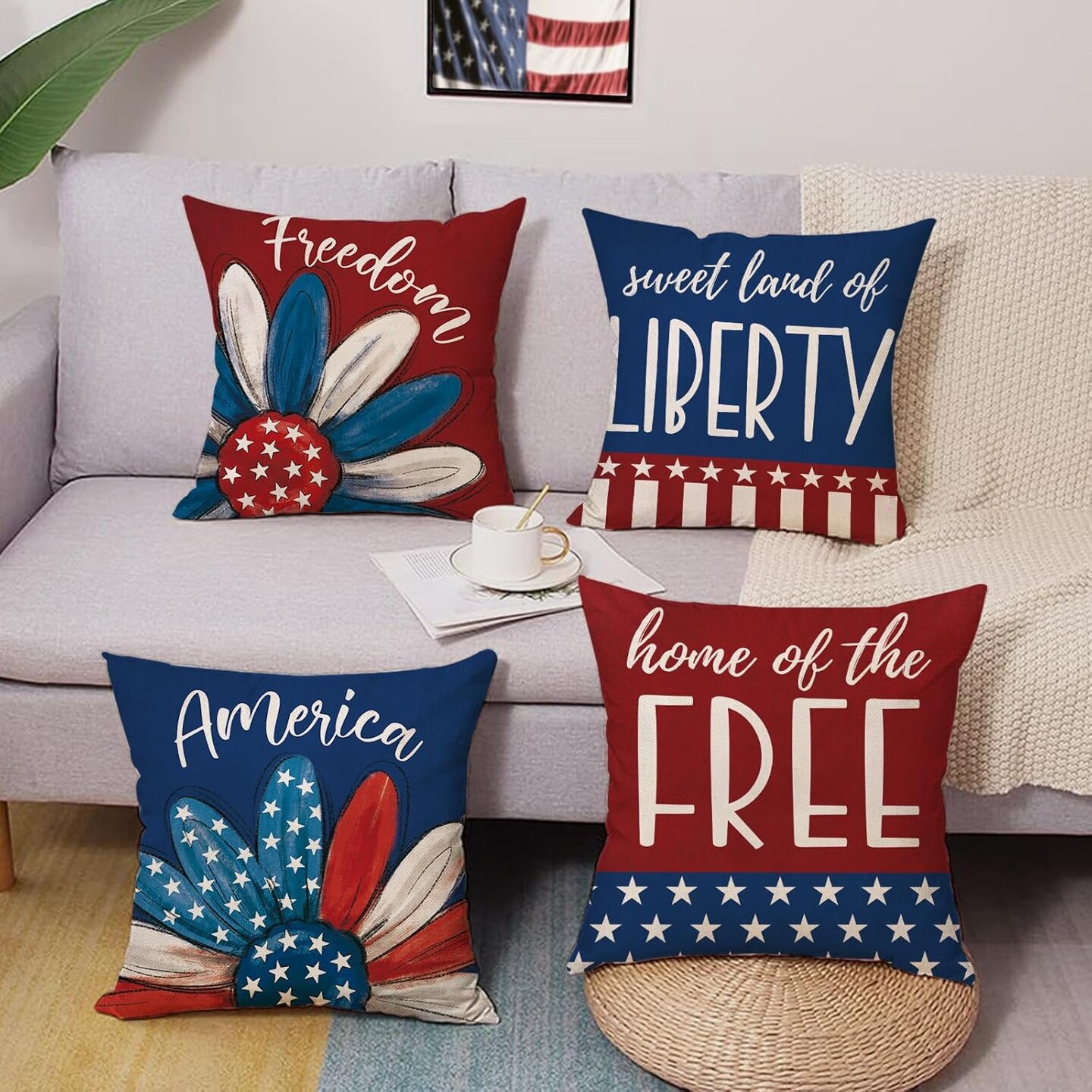 Patriotic America Flower Home of The Free Outdoor Decor, American USA Floral Sweet Land of Liberty Freedom Couch Cushion Case