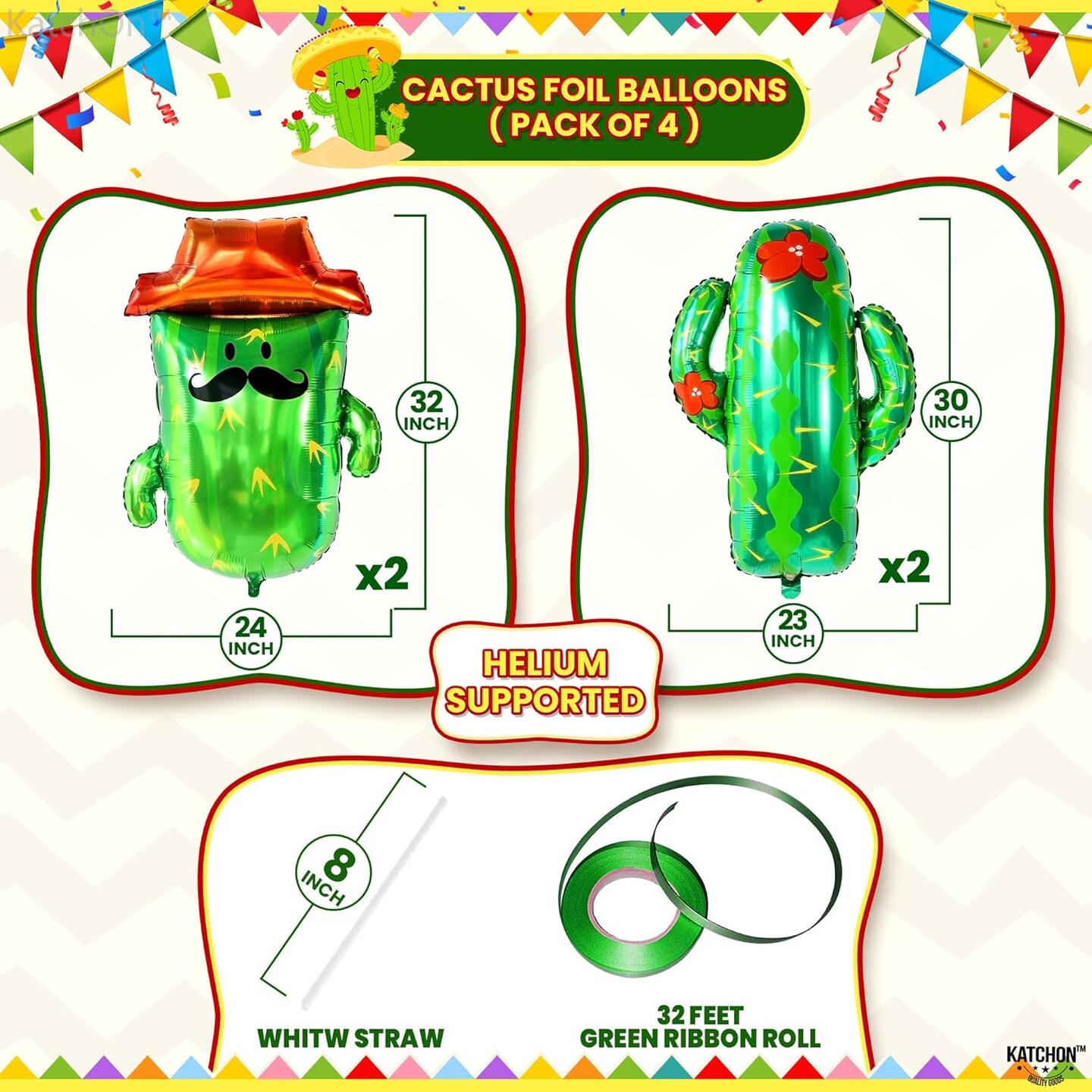 Cactus Balloons for Cactus Party Decorations - Big 32 Inch, Pack of 4 | Fiesta Balloon, Cinco de Mayo Balloons for Cactu Decoration | Mexican Party Decorations, Fiesta Party