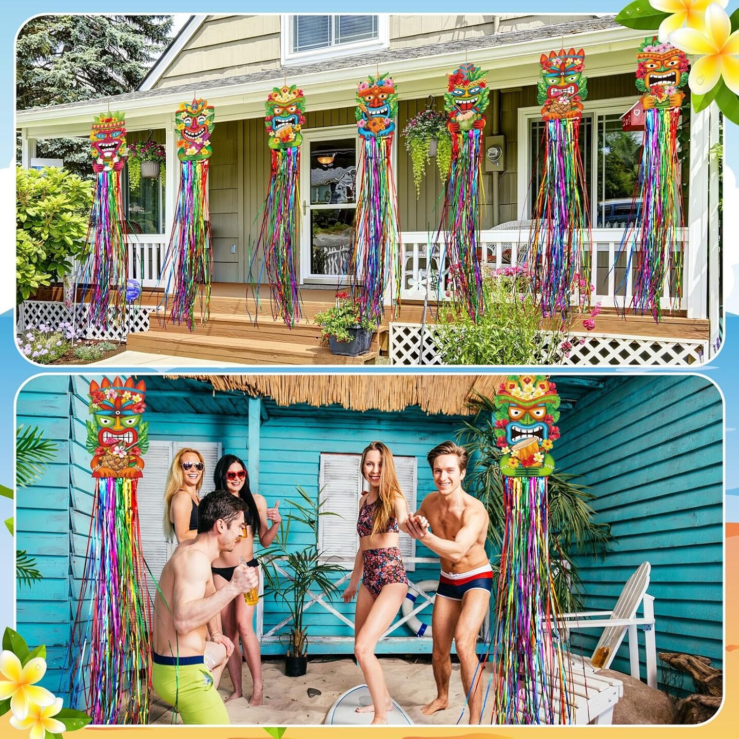 8 Pcs Summer Hawaiian Luau Party Decoration Tiki Totem Hanging Decorations with Tassels for Aloha Hawaii Luau Tropical Birthday Party Supplies
