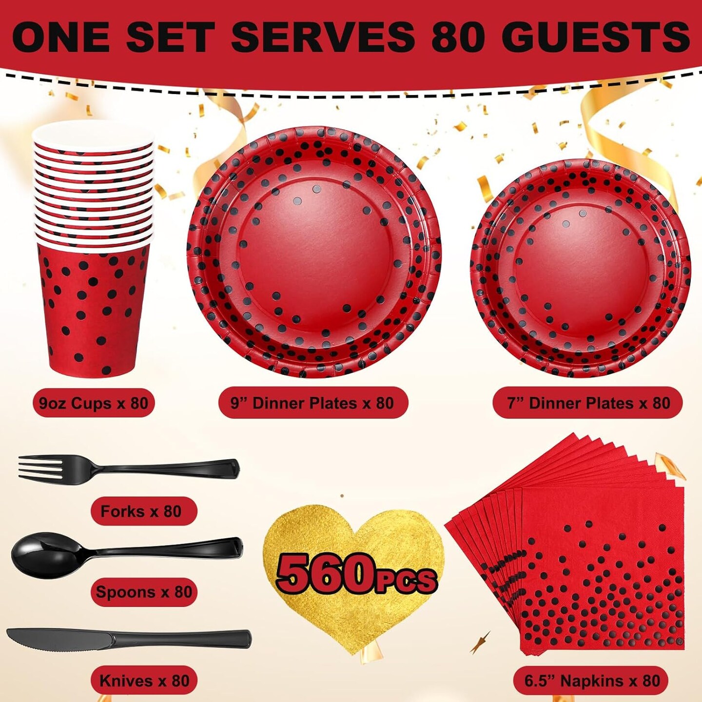 560 Pcs Red and Black Party Supplies for 80 Guests Disposable Tableware Set Red and Black Paper Plates Napkins Cups Black Plastic Forks Knives Spoons for Graduation Birthday Ladybug Party