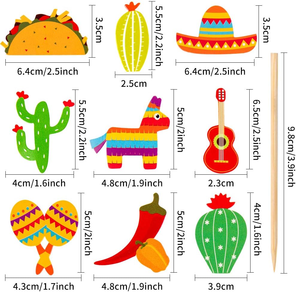 36 Pcs Fiesta Cupcake Topper Mexican Theme Cake Decoration for Mexican Themed Cactus Donkey Taco Pepper Sombrero Mustache Party Decorations