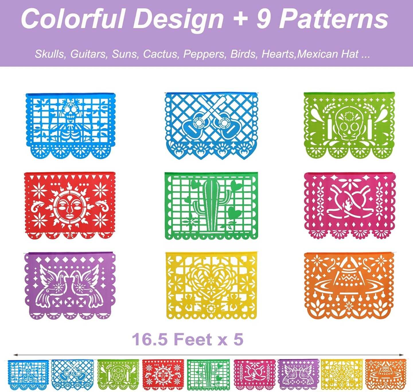 17Pcs Fiesta Party Decorations,Mexican Party Banners,82.5 Feet Plastic Papel Picado,Mexican Party Decorations,Cinco de Mayo Decoration,Dia de los Muertos,Day of the Dead Decor with Paper Fans Pom Poms Flowers