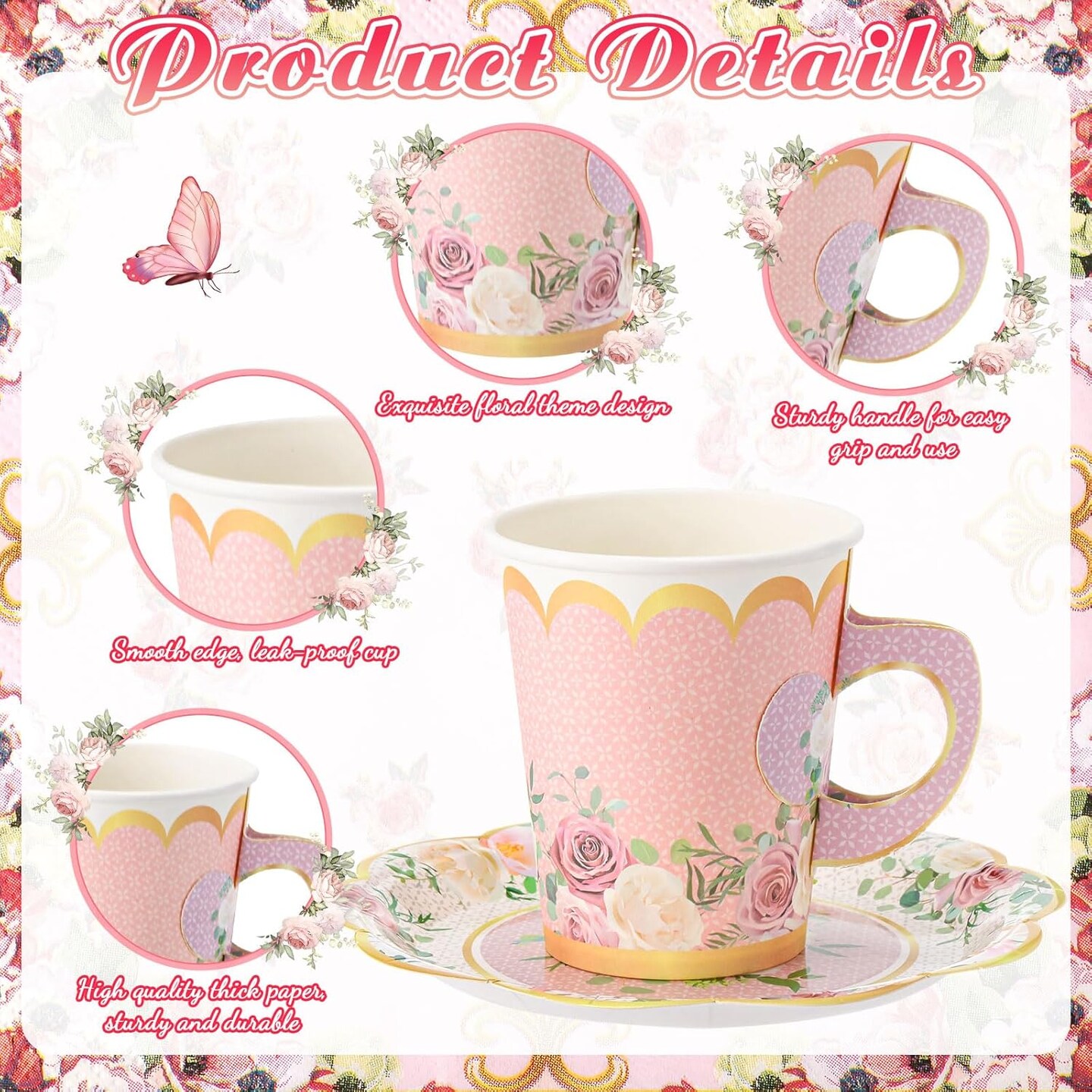 150 Pcs Tea Party Decorations for Tables 9 oz Floral Disposable Paper Tea Cups with Handles Plates Saucers Napkins for Summer Spring Party(Classic Style)