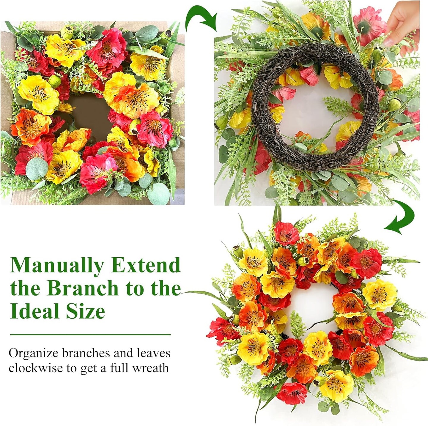 24" Summer Wreath for Front Door with Poppy Flowers & Green Leaves – Bright Floral Wreath for Porch, Outdoor Wall, or Home Decor