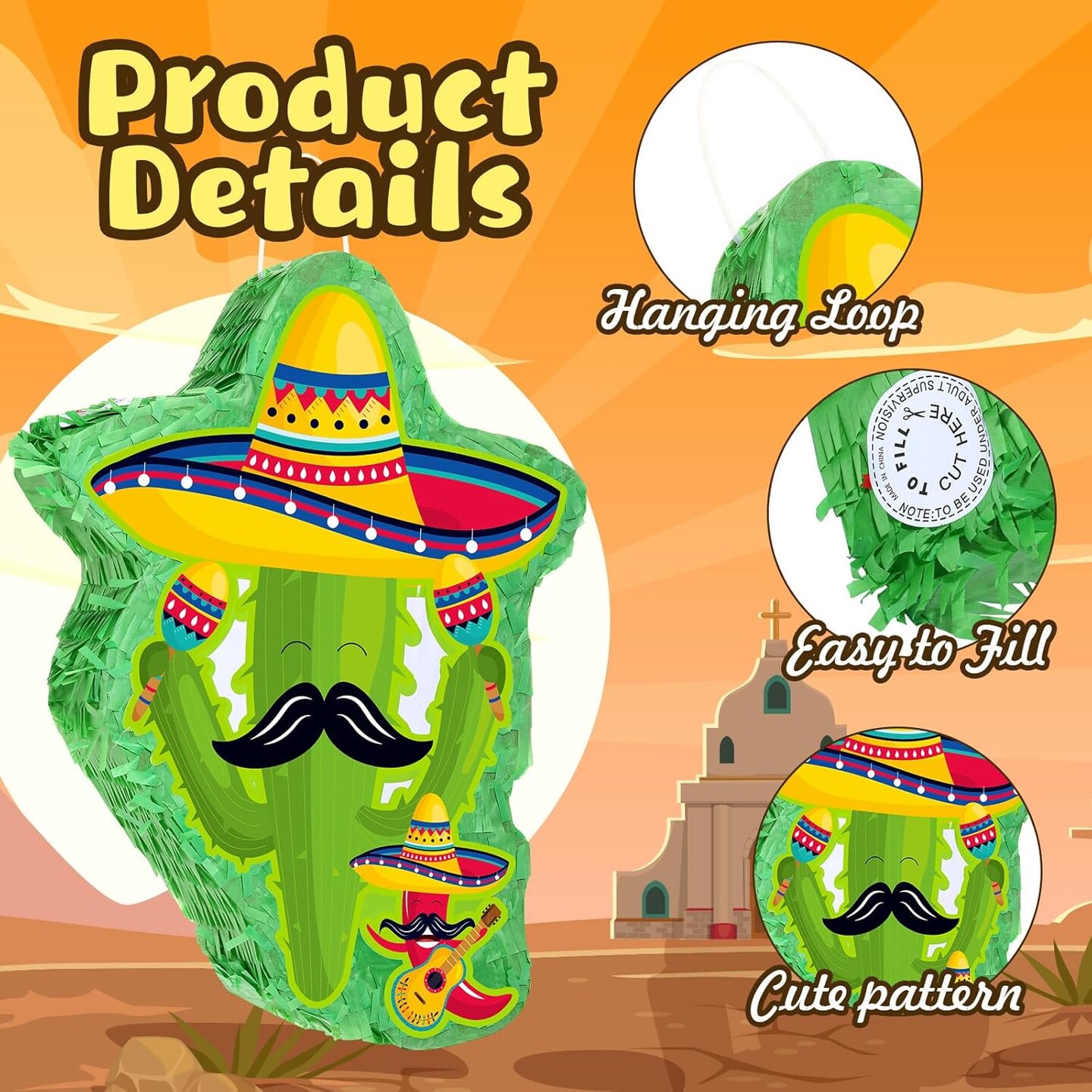 Mexico Cactus Piñata 16x12x3 Inch Cactus Piñata with Stick Blindfold and Confetti Pepper Piñata with Mexico Hat Cinco De Mayo Fiesta Red Chili Piñata for Party Game